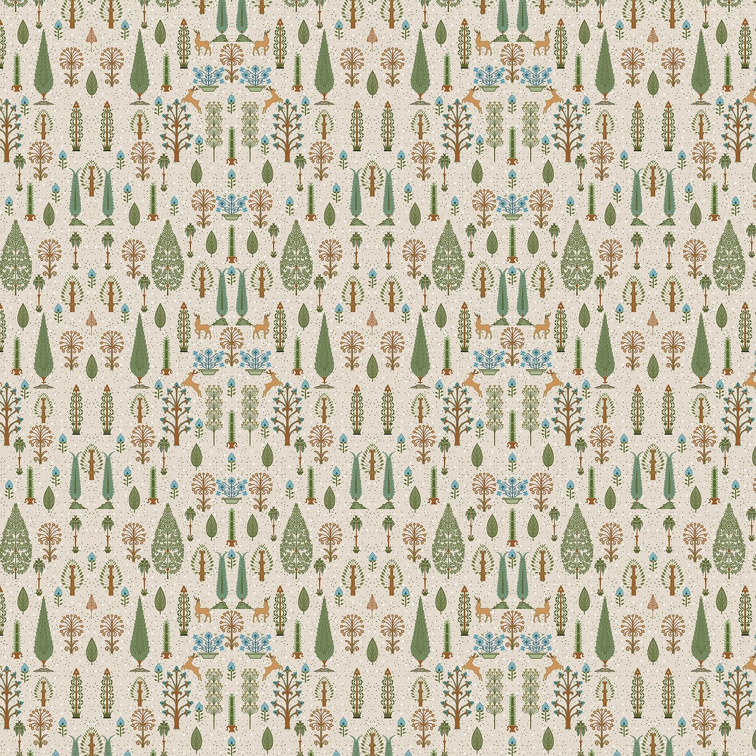 Whimsical forest pattern with stylized cypress trees and folk art floral elements - view 2 - final