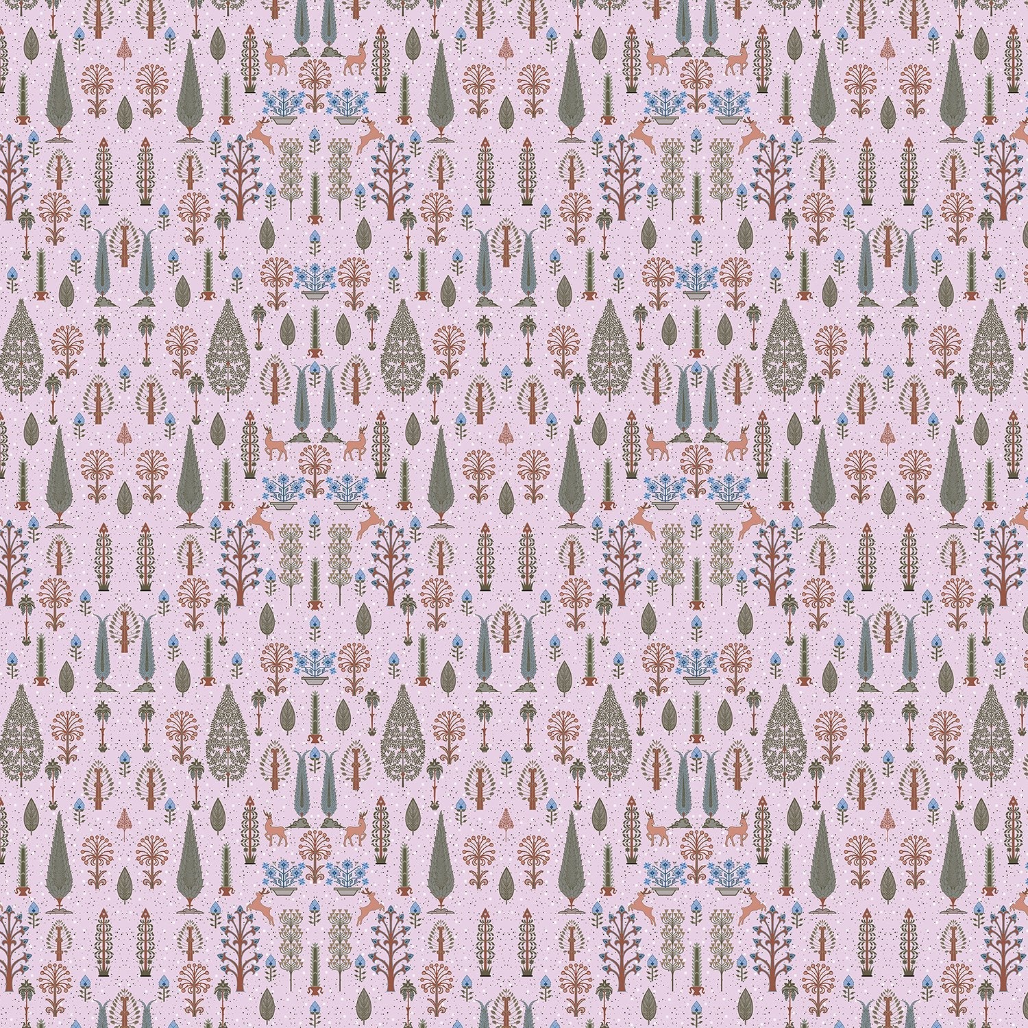 Whimsical forest pattern with stylized cypress trees and folk art floral elements - view 20 - final