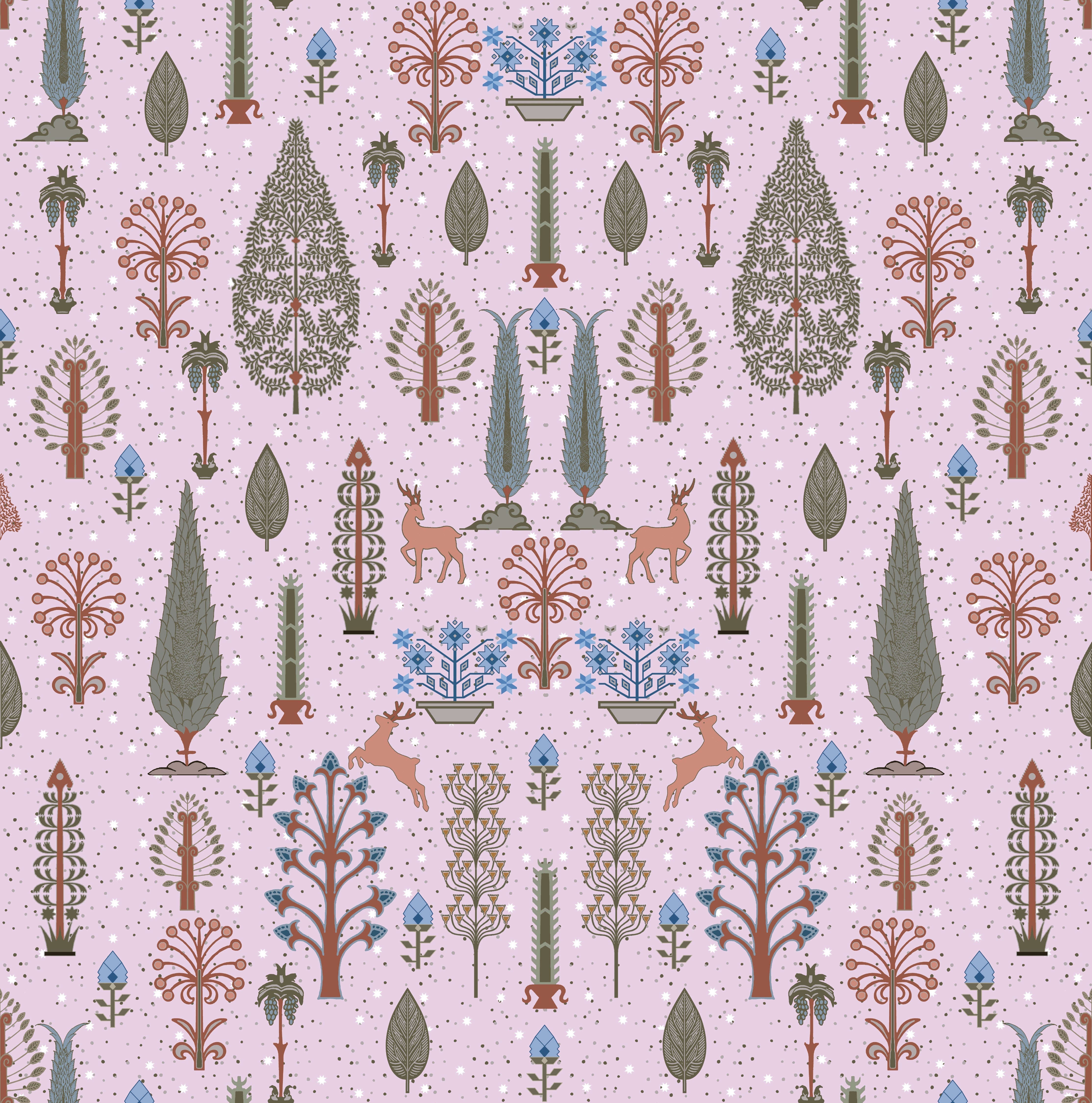 Whimsical forest pattern with stylized cypress trees and folk art floral elements - view 22 - repeat-original - final
