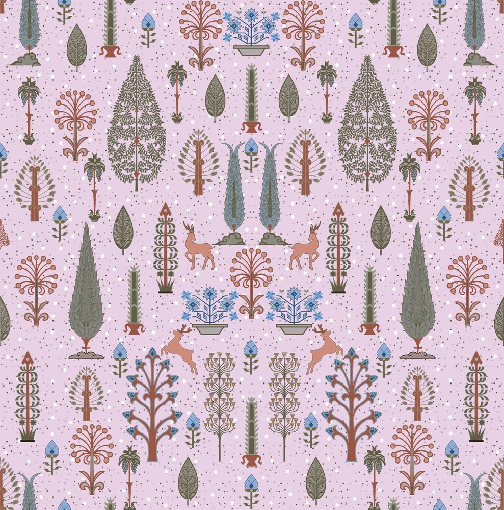 Whimsical forest pattern with stylized cypress trees and folk art floral elements - view 23 - repeat-small - final