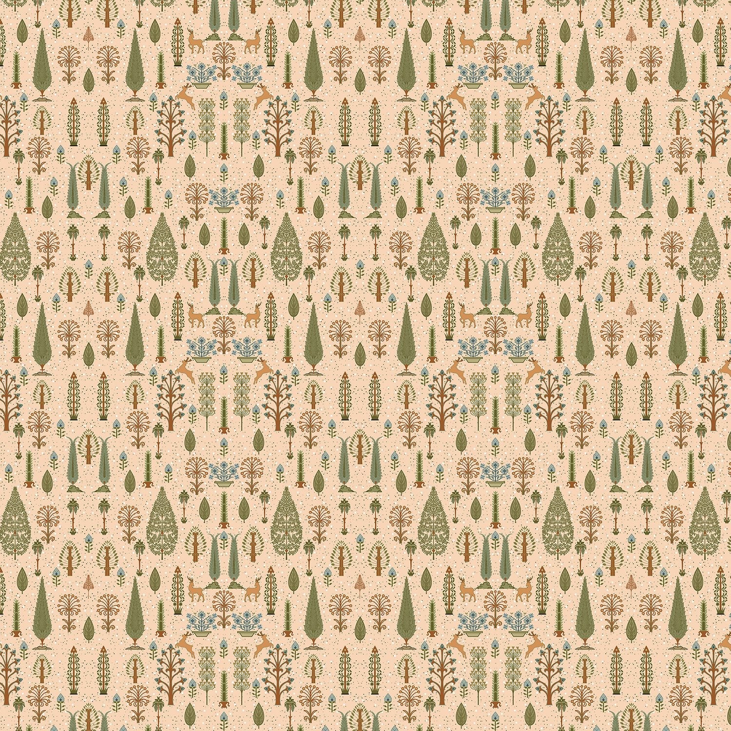 Whimsical forest pattern with stylized cypress trees and folk art floral elements - view 25 - final