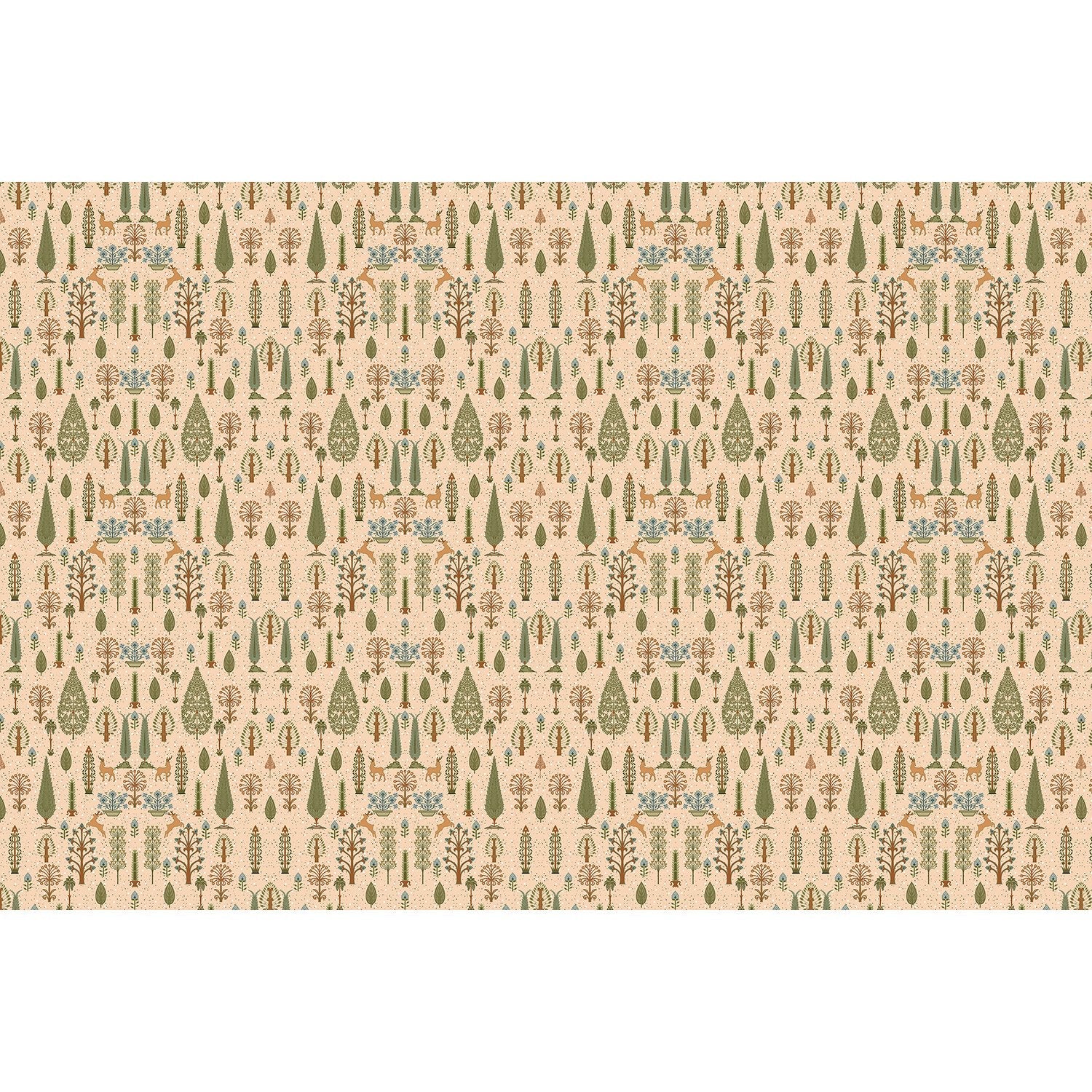 repeat-full-square Whimsical forest pattern with stylized cypress trees and folk art floral elements - view 26 - final