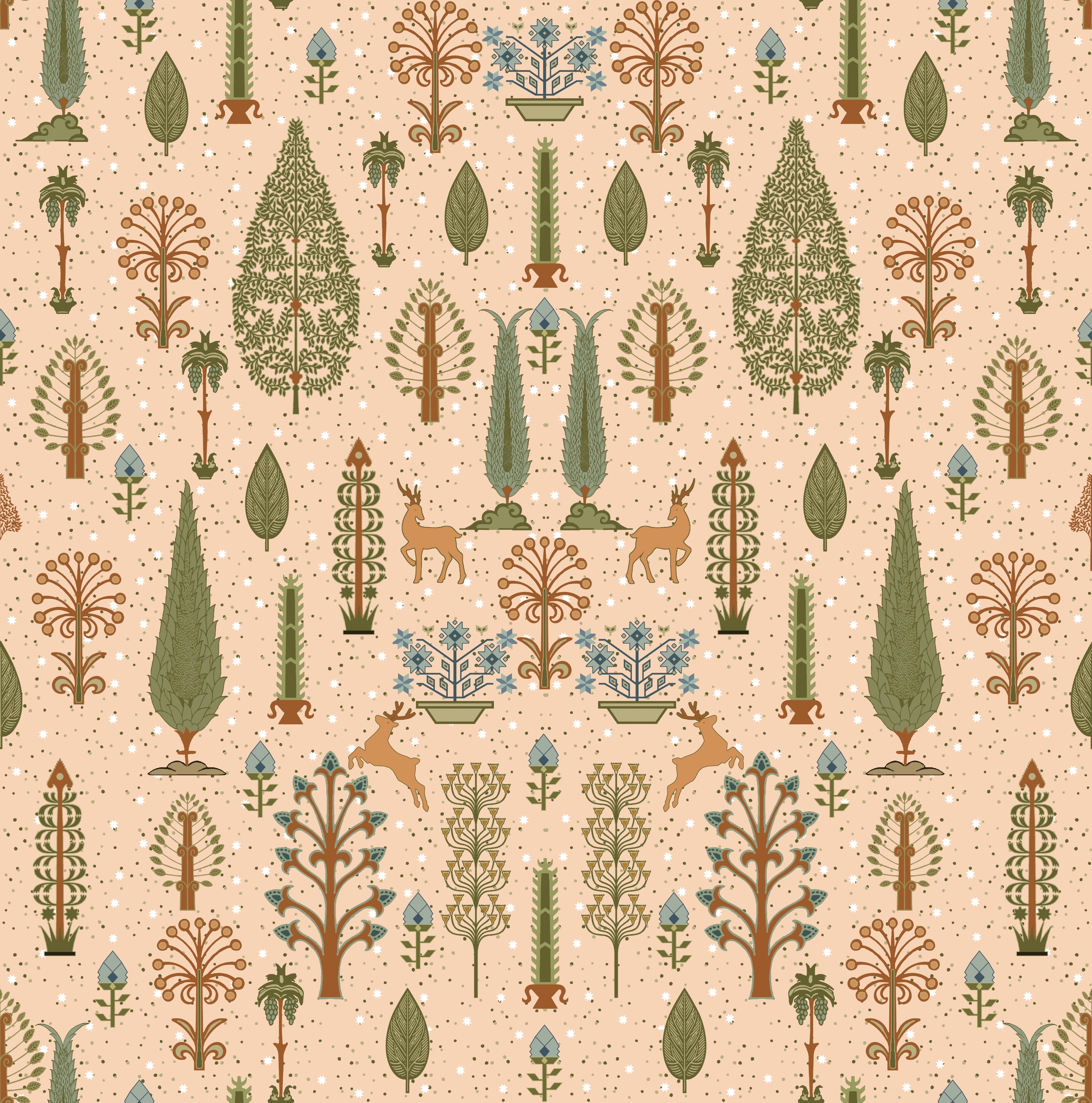 Whimsical forest pattern with stylized cypress trees and folk art floral elements - view 27 - repeat-original - final