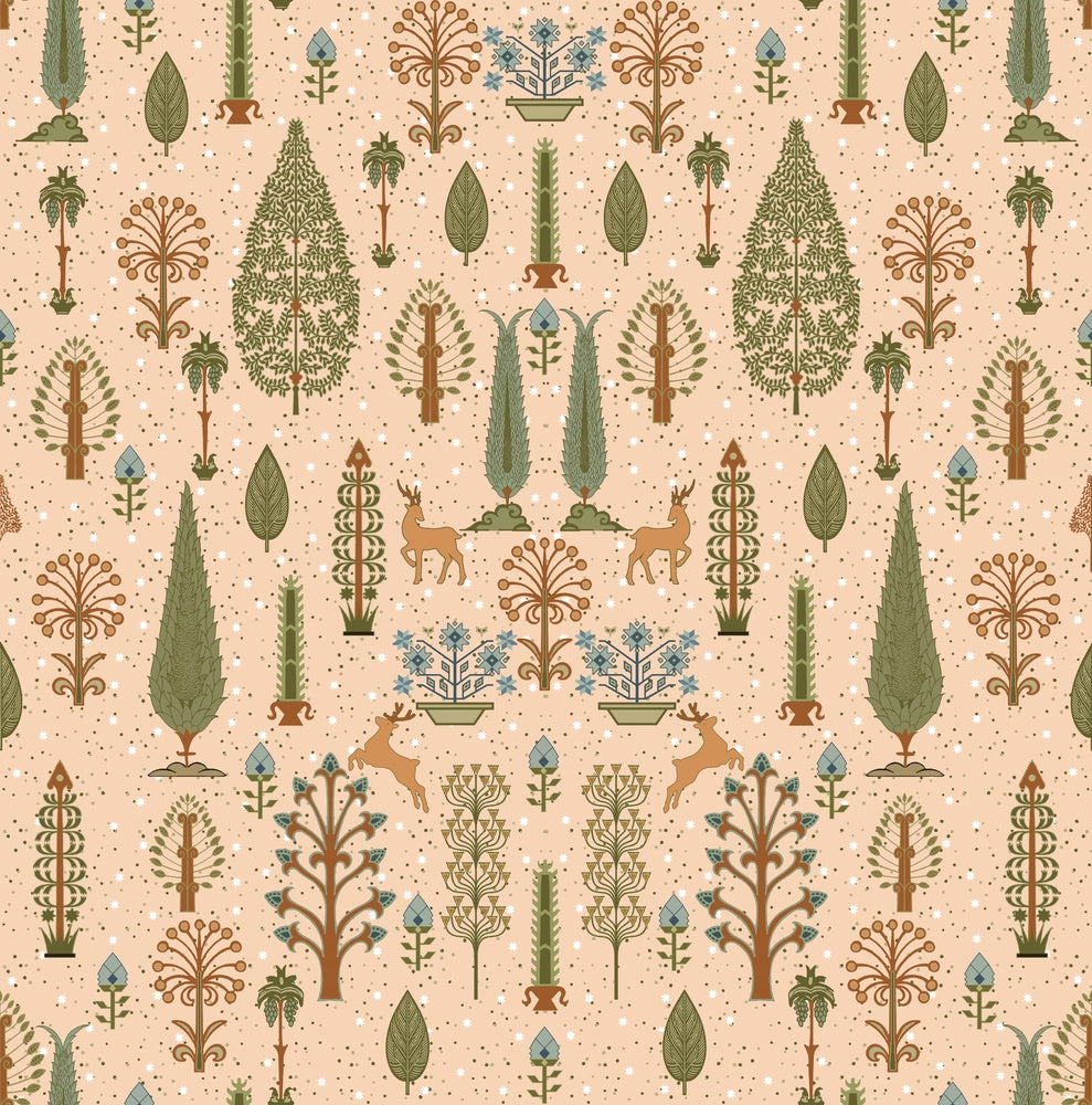 Whimsical forest pattern with stylized cypress trees and folk art floral elements - view 28 - repeat-small - final