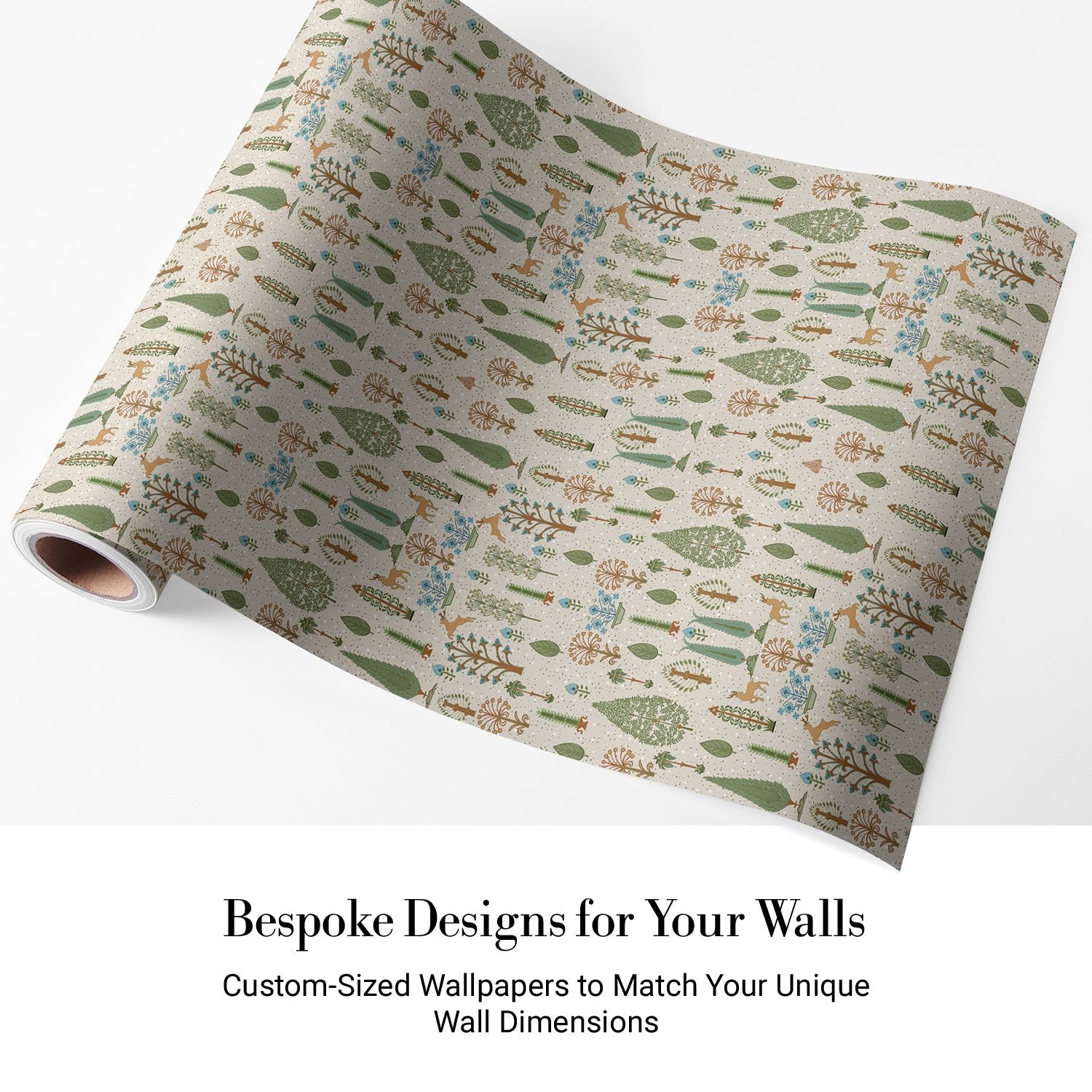 Whimsical forest pattern with stylized cypress trees and folk art floral elements - view 4 - final