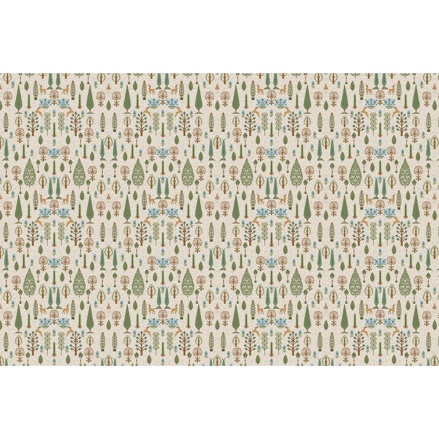 Whimsical forest pattern with stylized cypress trees and folk art floral elements - view 5 - repeat-full-square - final