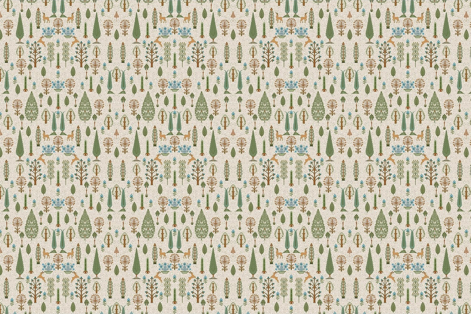 repeat-full-square Whimsical forest pattern with stylized cypress trees and folk art floral elements - view 6 - final