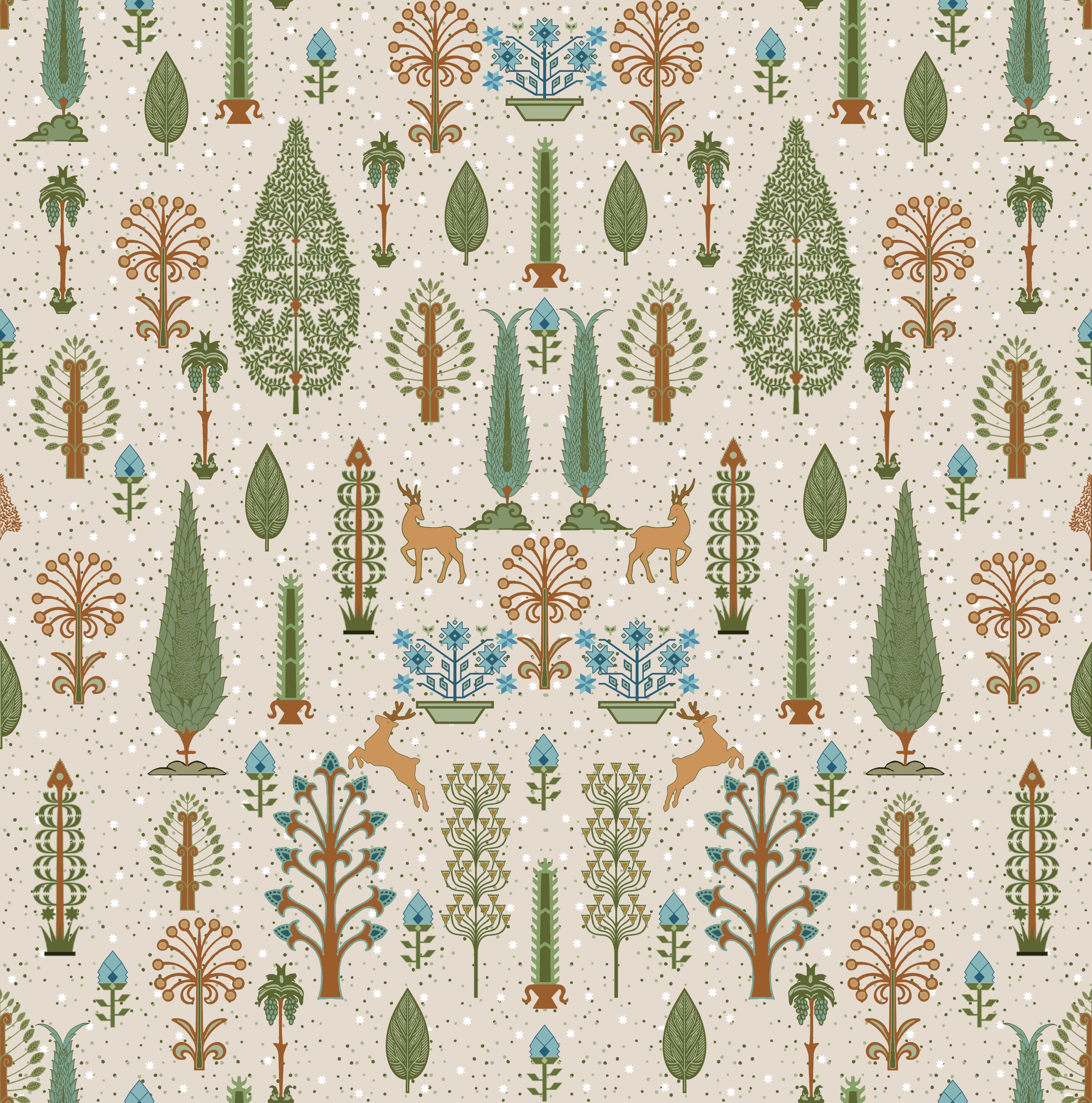 Whimsical forest pattern with stylized cypress trees and folk art floral elements - view 7 - repeat-original - final