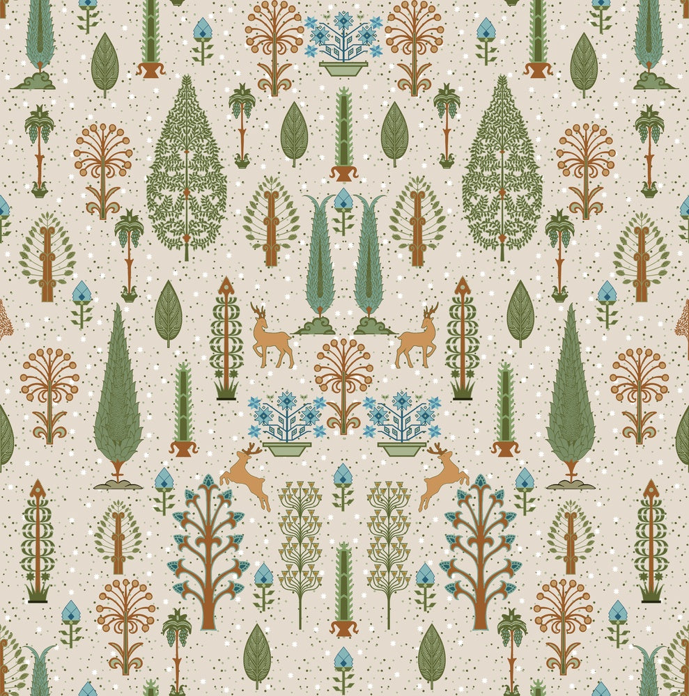 Whimsical forest pattern with stylized cypress trees and folk art floral elements - view 8 - repeat-small - final