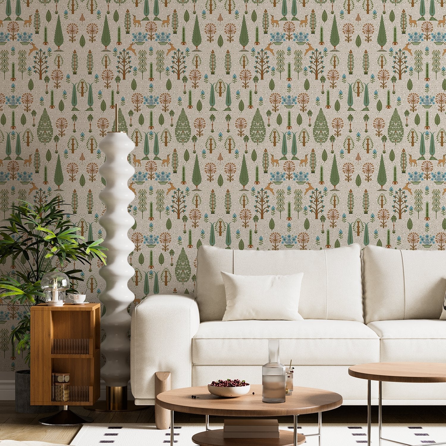 Whimsical forest pattern with stylized cypress trees and folk art floral elements - final living-room