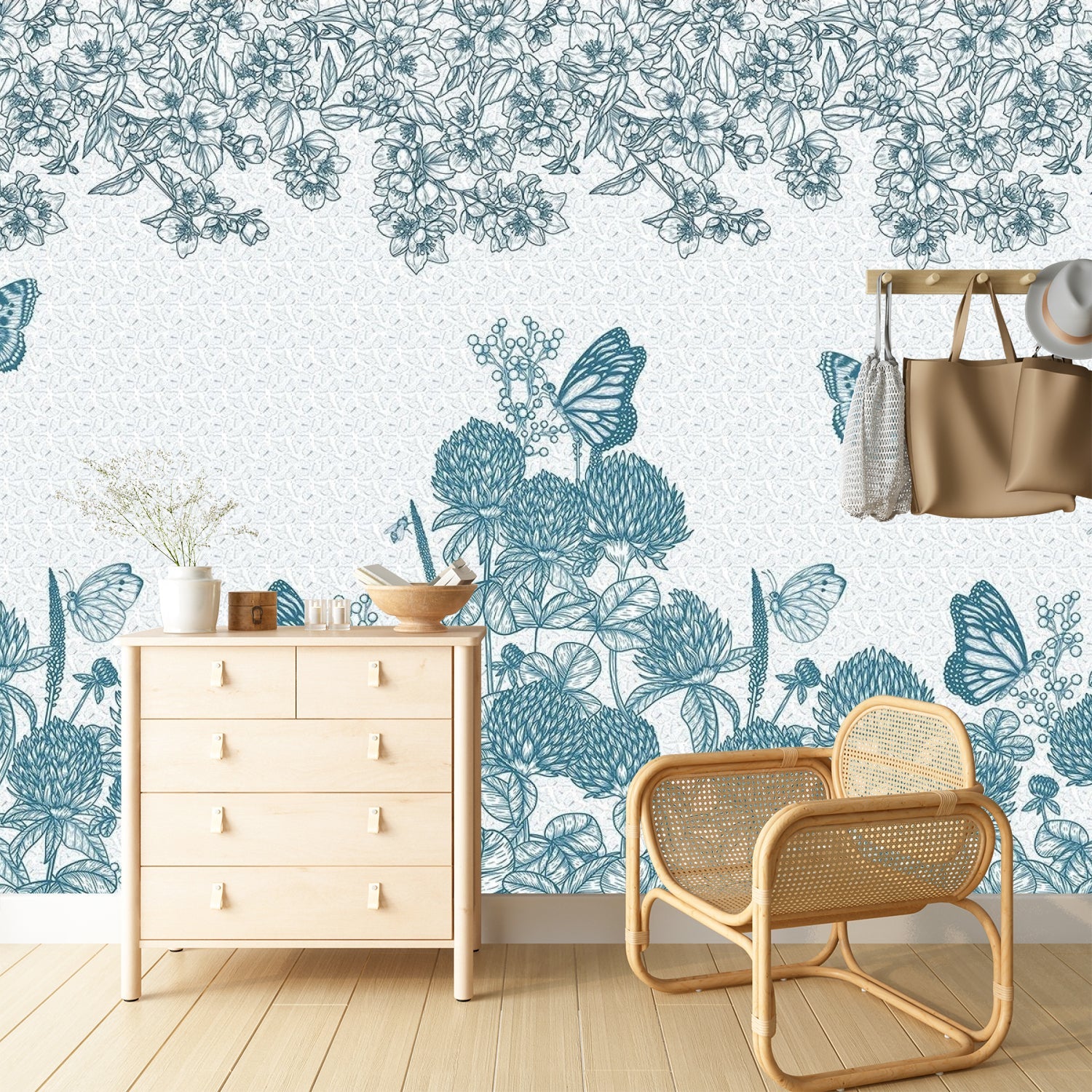 Vintage botanical illustration with burgundy butterflies and clover blooms on cream background - view 16 - final