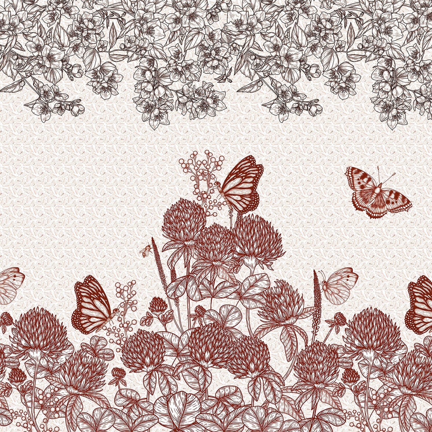 Vintage botanical illustration with burgundy butterflies and clover blooms on cream background - view 2 - final