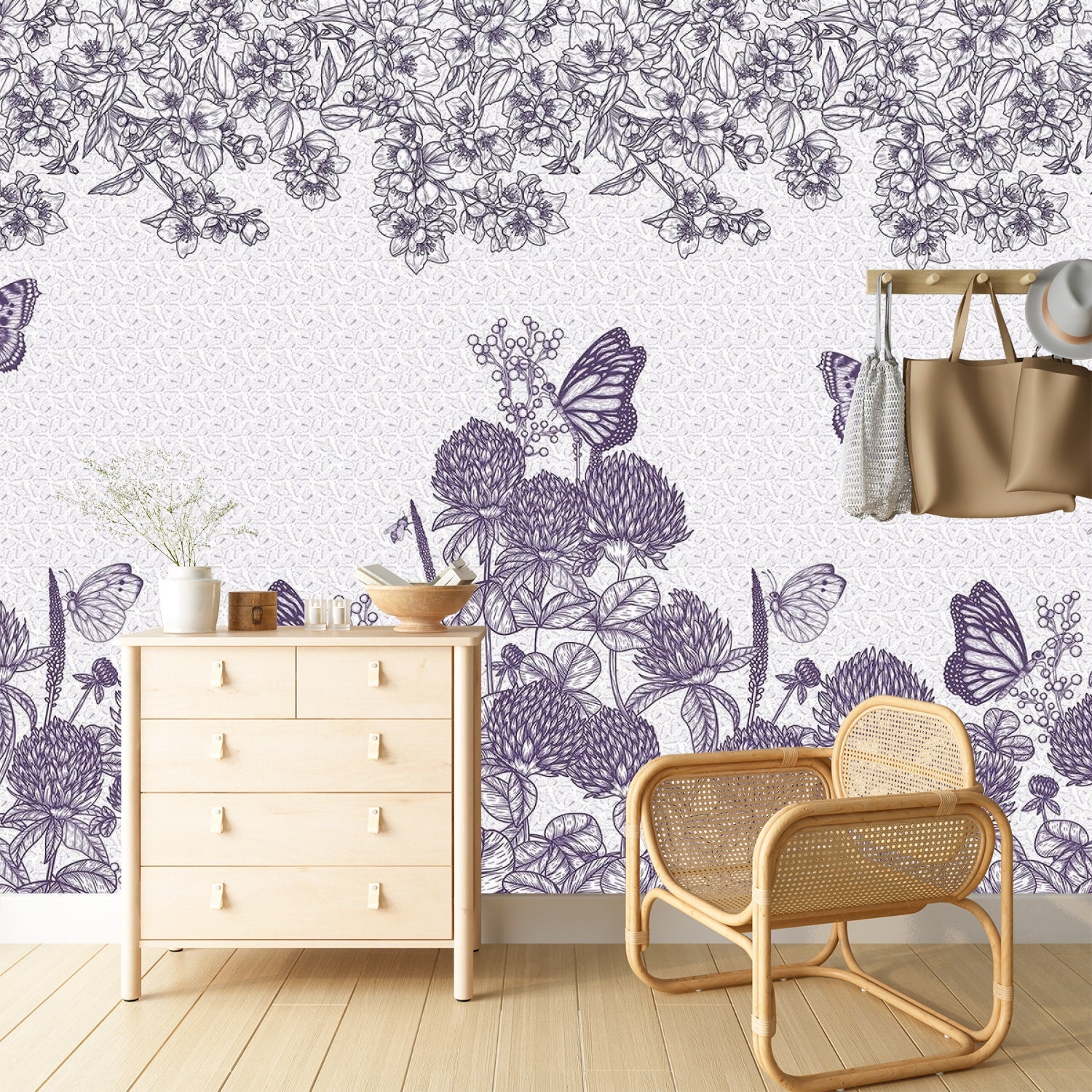 Vintage botanical illustration with burgundy butterflies and clover blooms on cream background - view 21 - final