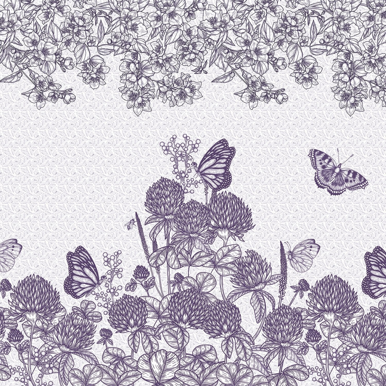 Vintage botanical illustration with burgundy butterflies and clover blooms on cream background - view 22 - final