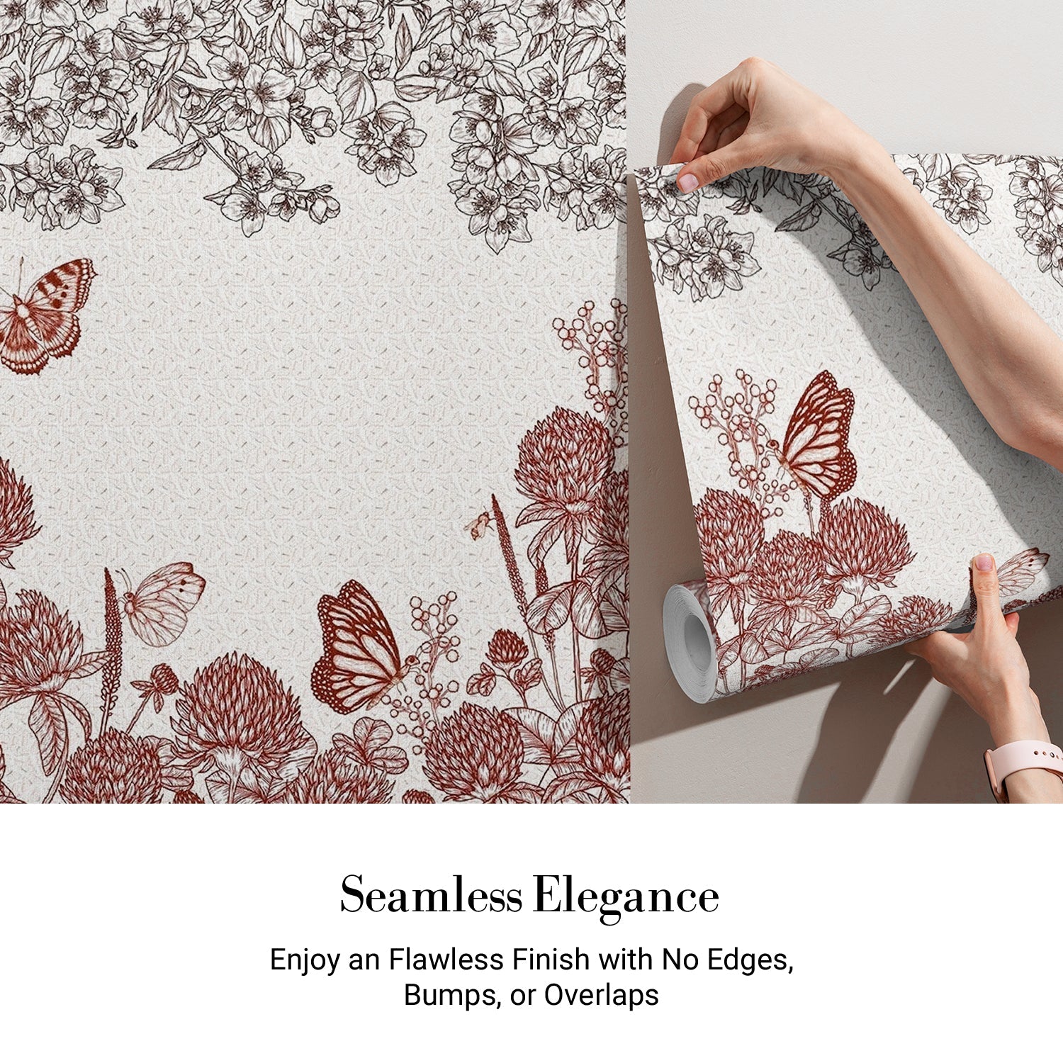 Vintage botanical illustration with burgundy butterflies and clover blooms on cream background - view 4 - final