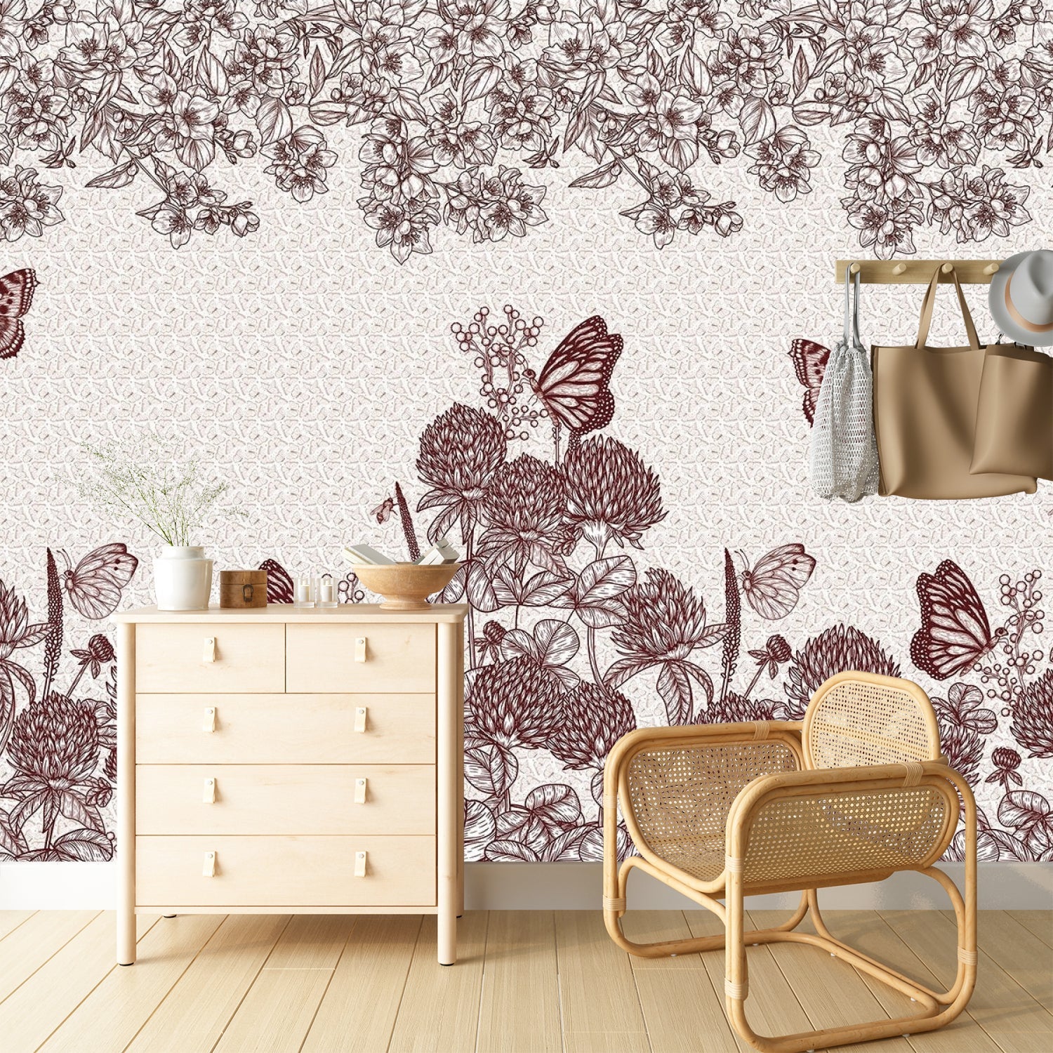 Vintage botanical illustration with burgundy butterflies and clover blooms on cream background - view 8 - final