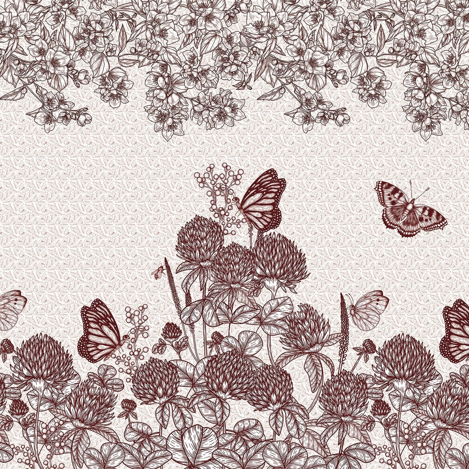 Vintage botanical illustration with burgundy butterflies and clover blooms on cream background - view 9 - final