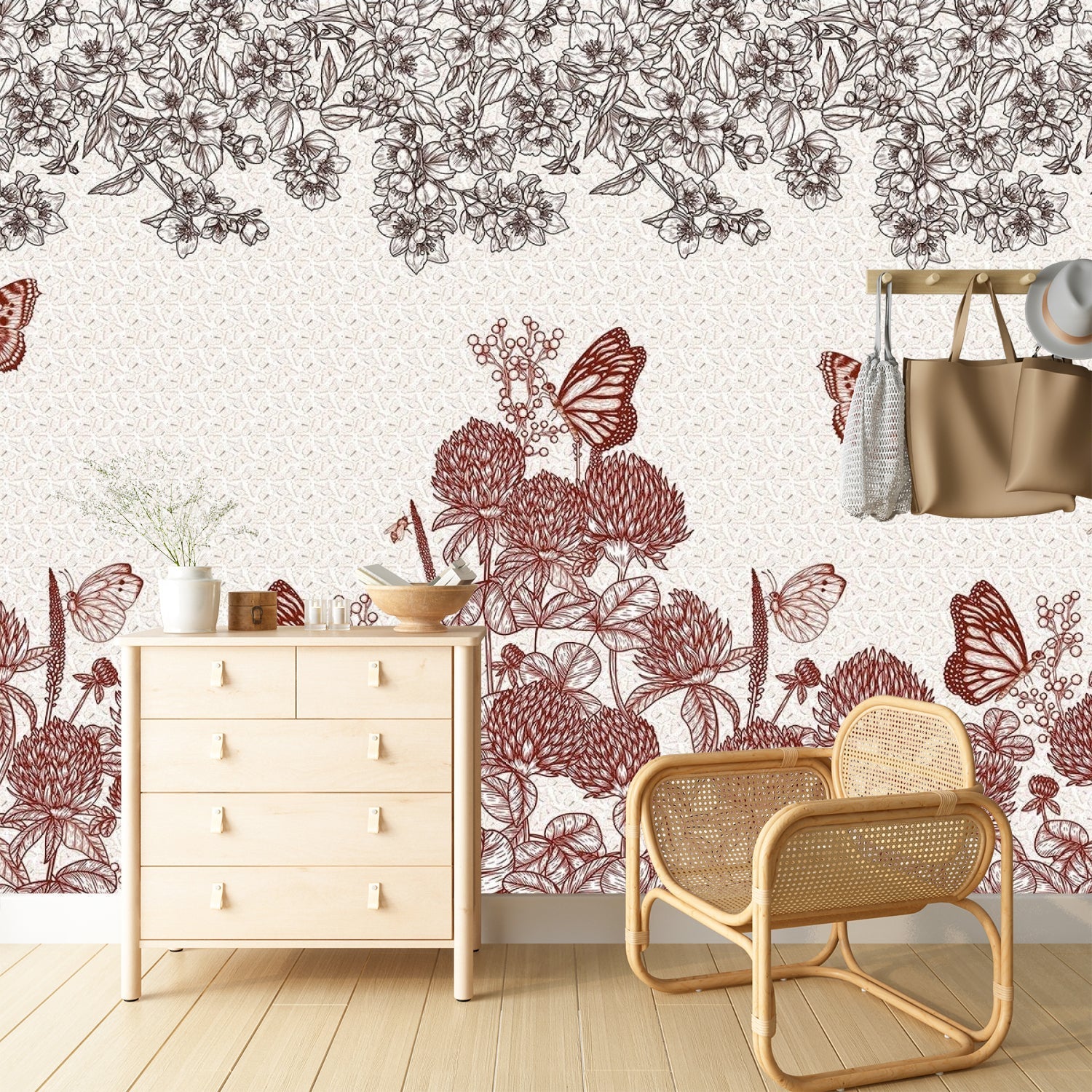 Vintage botanical illustration with burgundy butterflies and clover blooms on cream background - final hobby-room