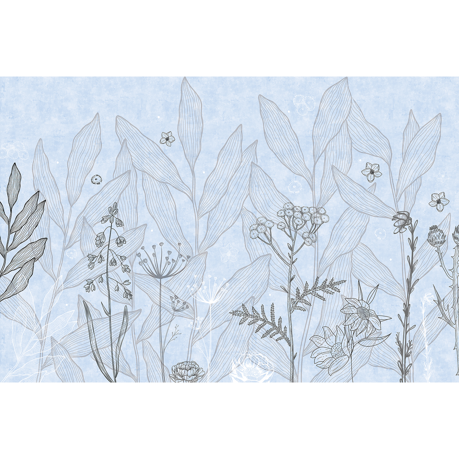 Minimalist blue floral sketch - "tropical" wallpaper mural-equal final
