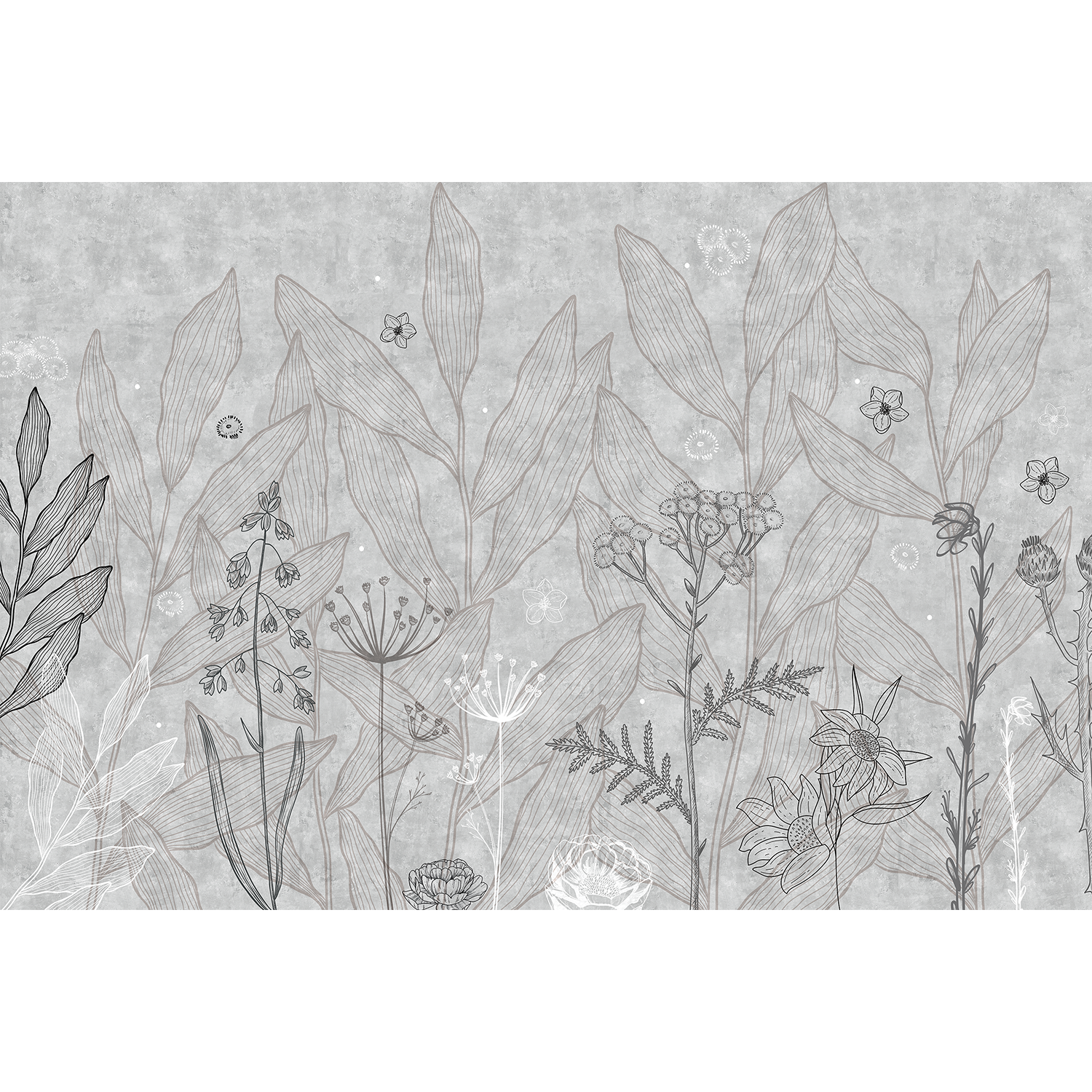 Minimalist grey floral sketch - "tropical" wallpaper mural-equal final