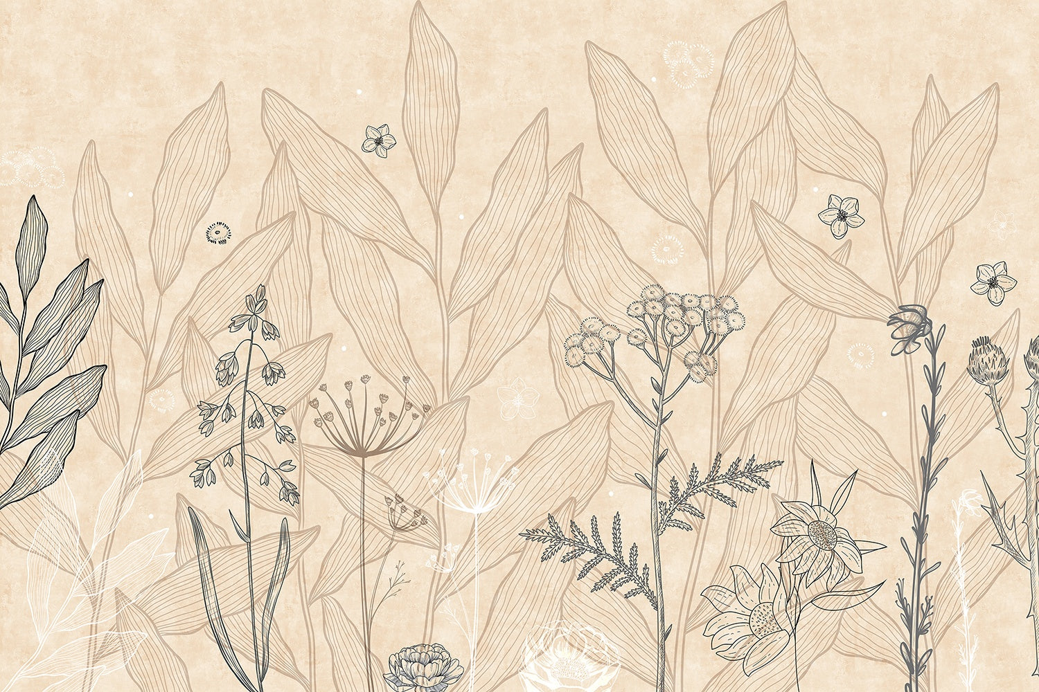 "Minimalist floral sketch in beige - tropical wallpaper mural-inequal final"