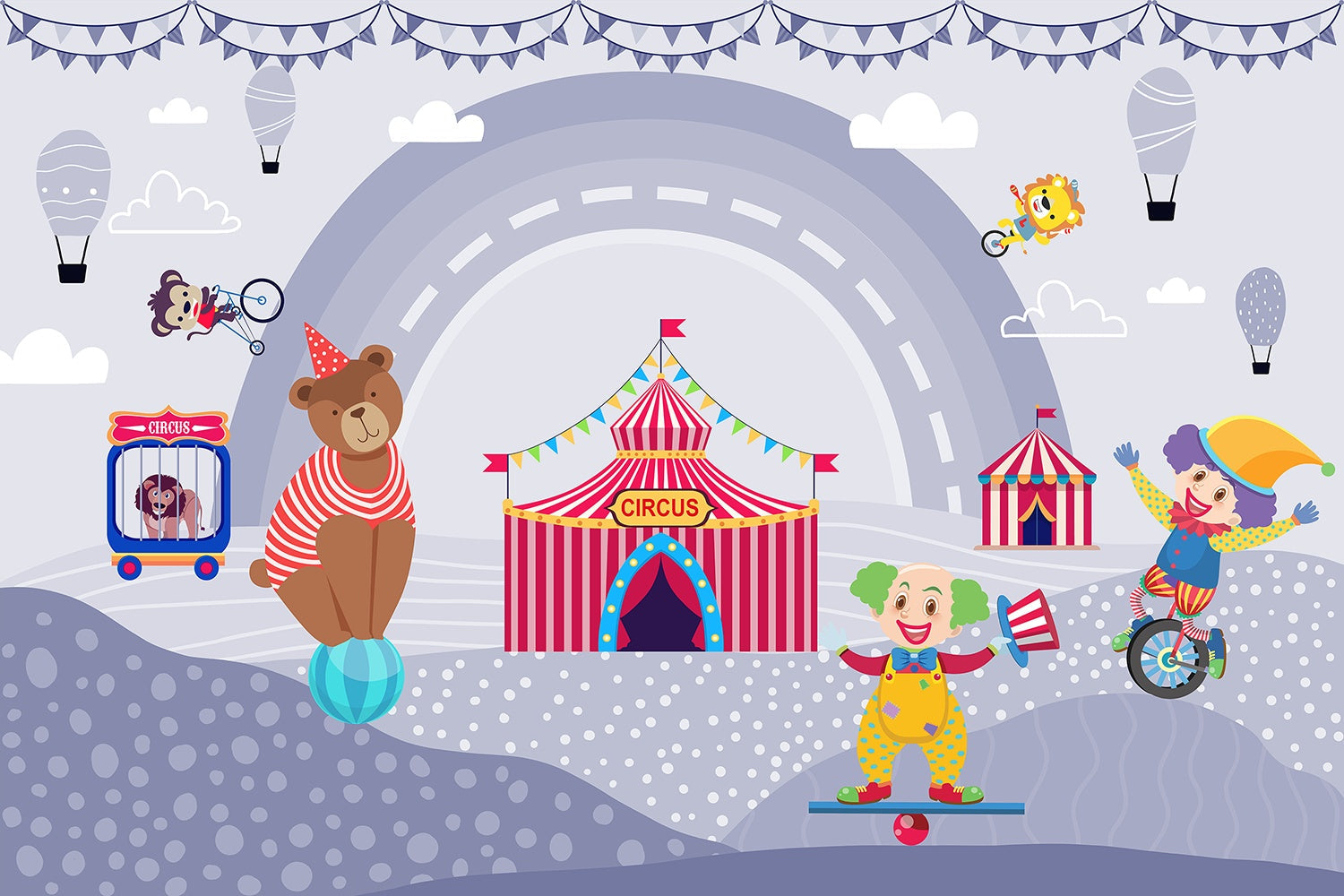 Circus animals and tents in lea - kids wallpaper mural-inequal final