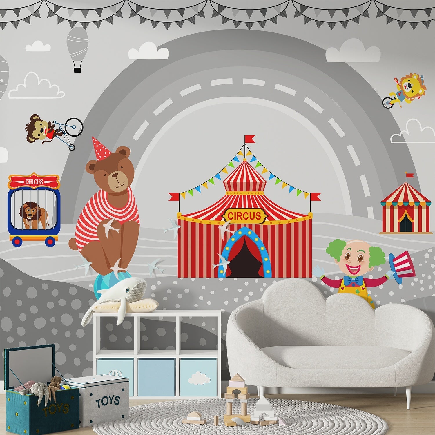 Playful circus tent scene with teddy bear and carnival elements in pink background - view 11 - final