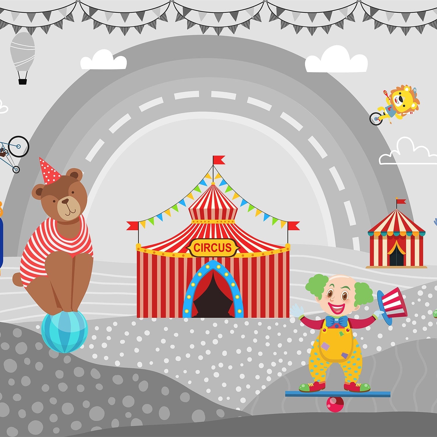 Playful circus tent scene with teddy bear and carnival elements in pink background - view 12 - final