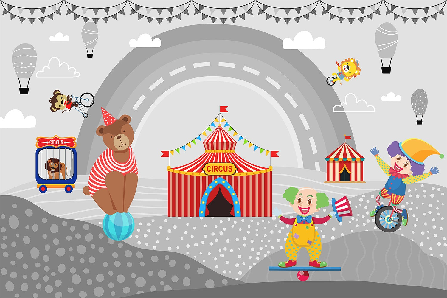 Circus animals and tents in lea - kids wallpaper mural-inequal final