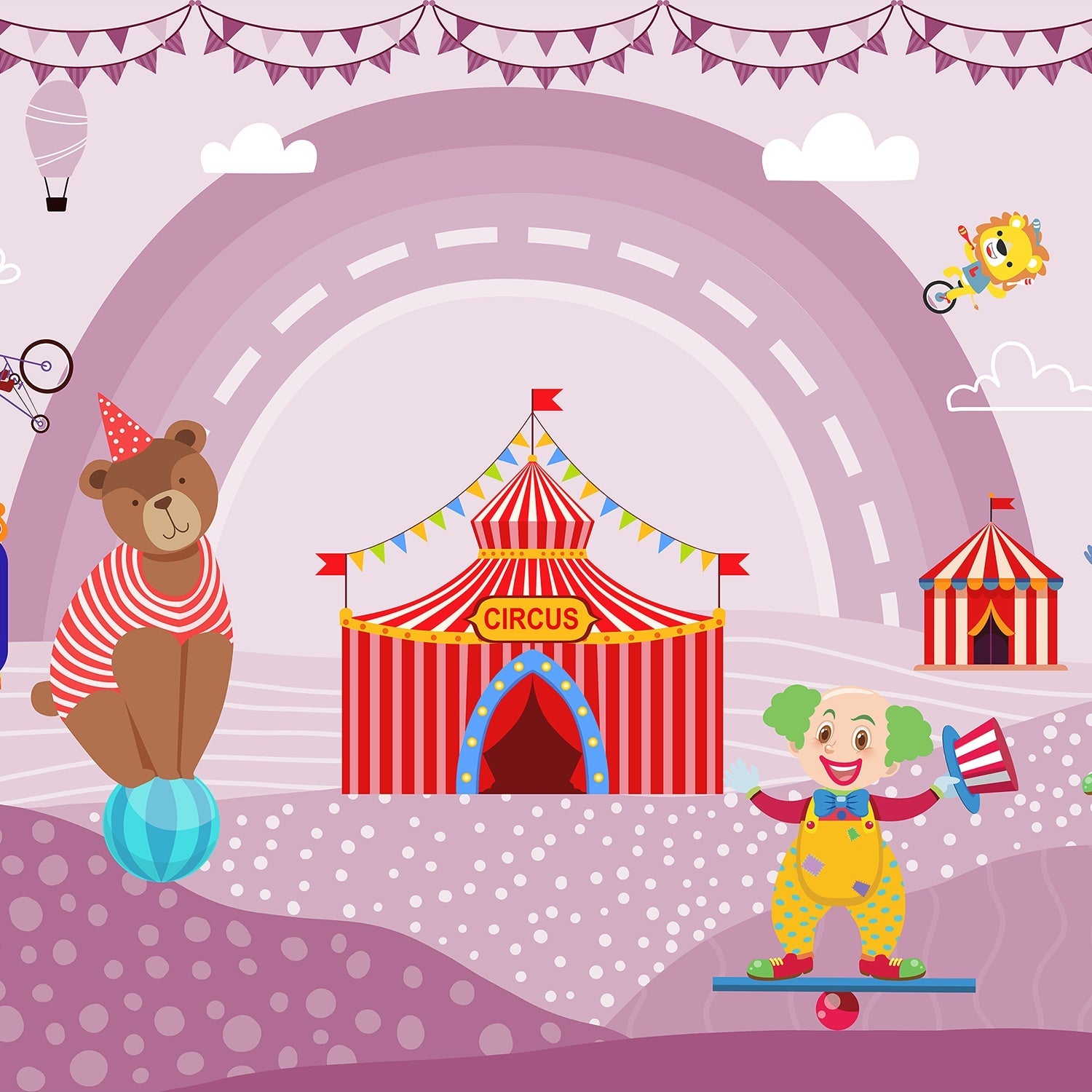 Playful circus tent scene with teddy bear and carnival elements in pink background - view 2 - final