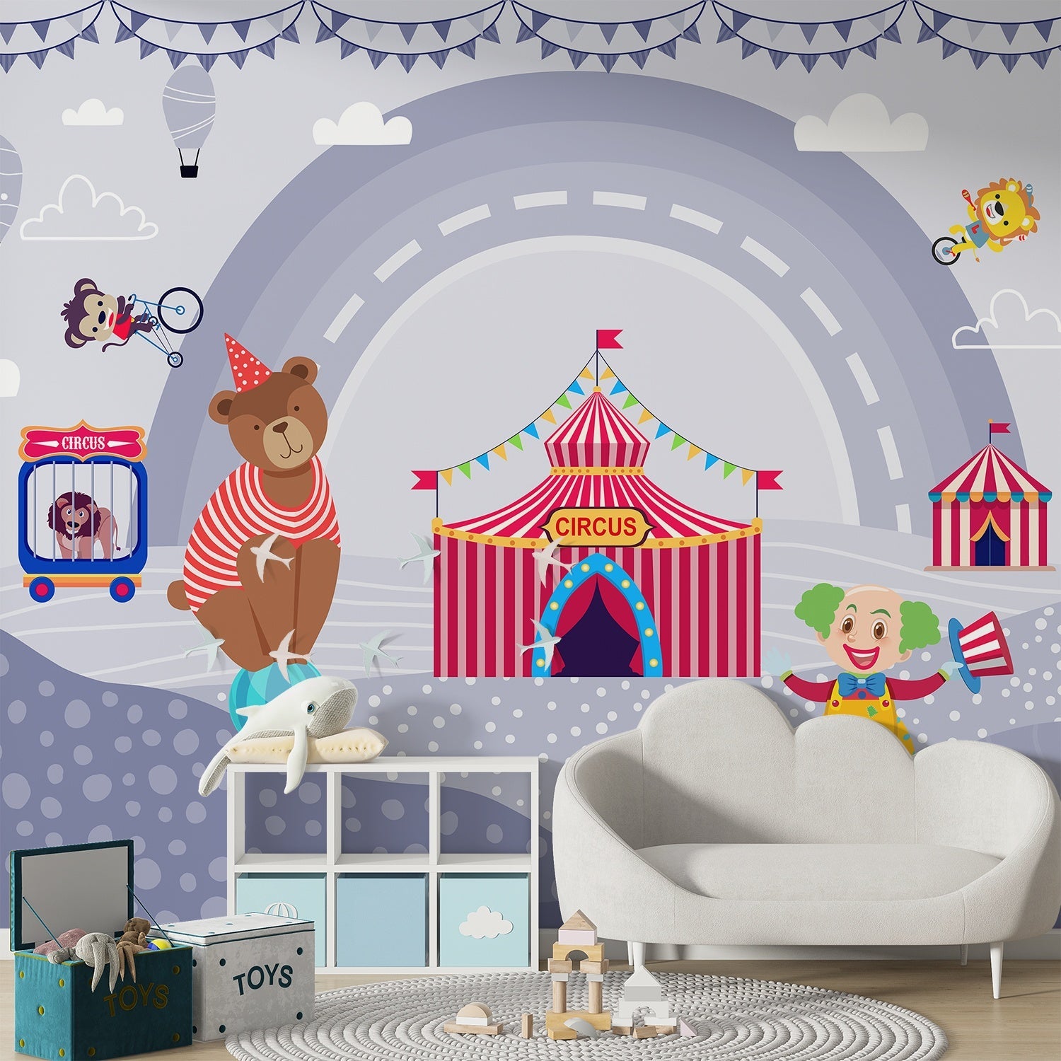 Playful circus tent scene with teddy bear and carnival elements in pink background - view 7 - final