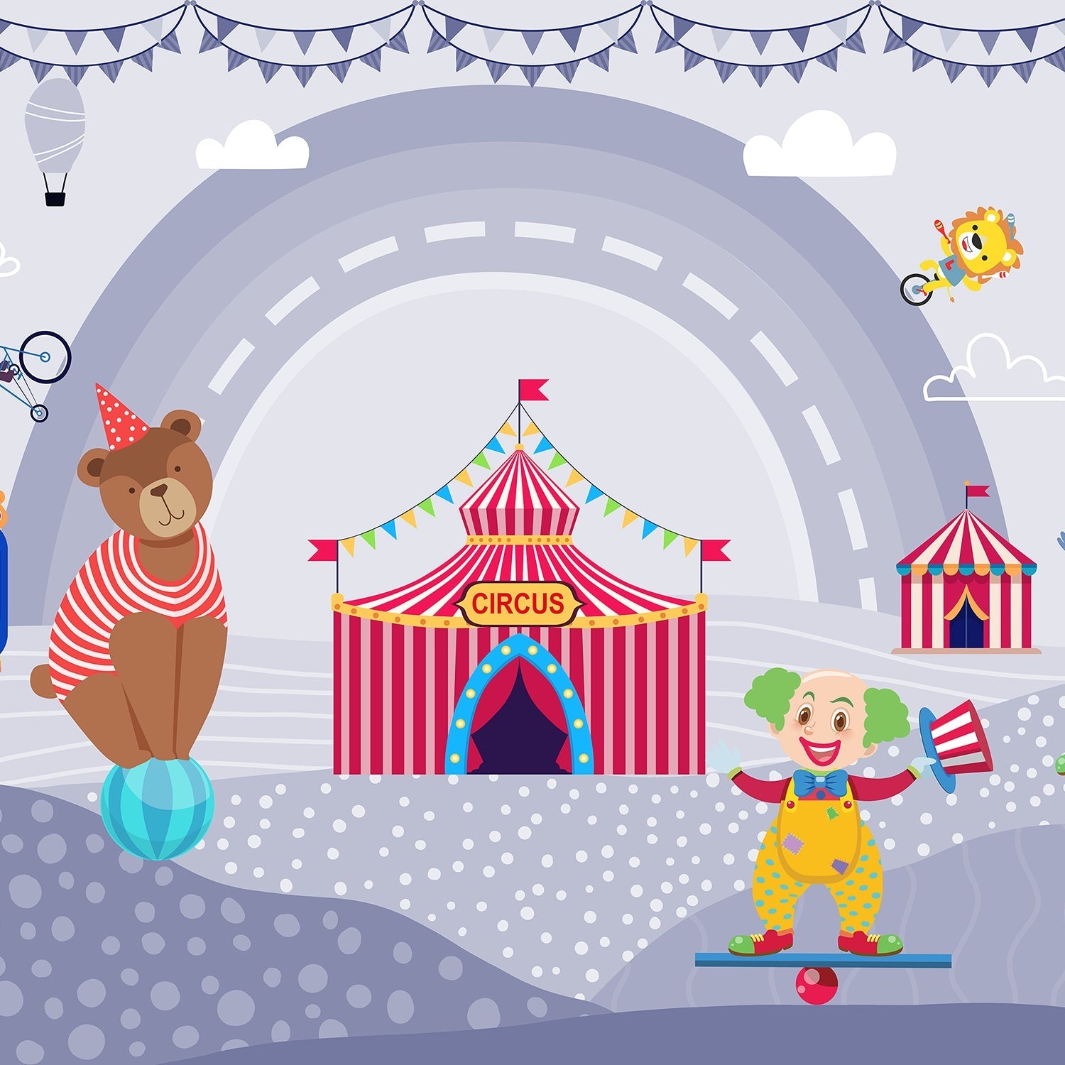 Playful circus tent scene with teddy bear and carnival elements in pink background - view 8 - final