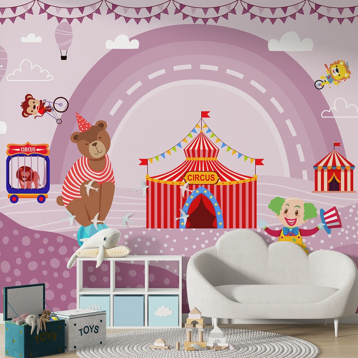 Playful circus tent scene with teddy bear and carnival elements in pink background - final kids-room