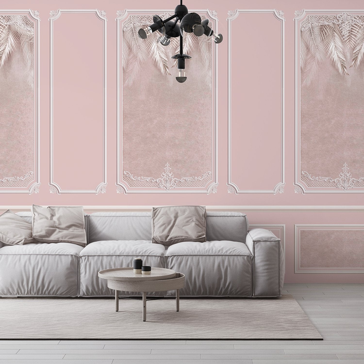 Elegant sage green wall panels with ornate moldings and delicate palm leaf details - view 13 - final