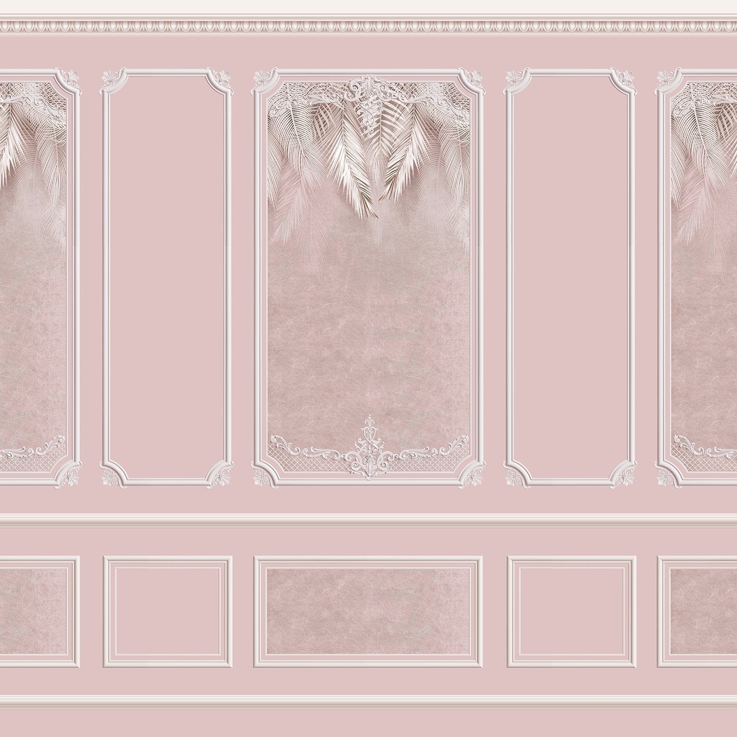 Elegant sage green wall panels with ornate moldings and delicate palm leaf details - view 14 - final