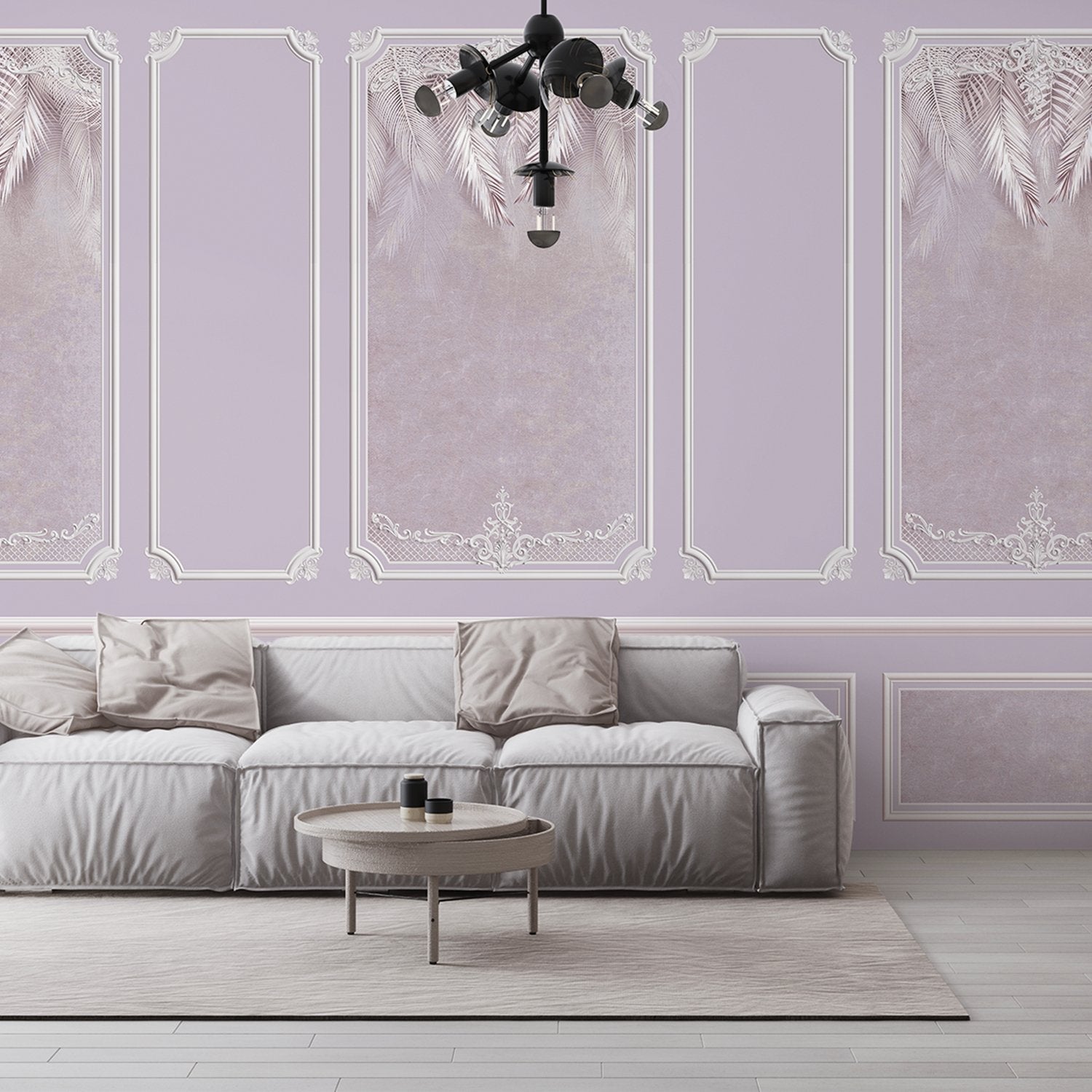 Elegant sage green wall panels with ornate moldings and delicate palm leaf details - view 17 - final