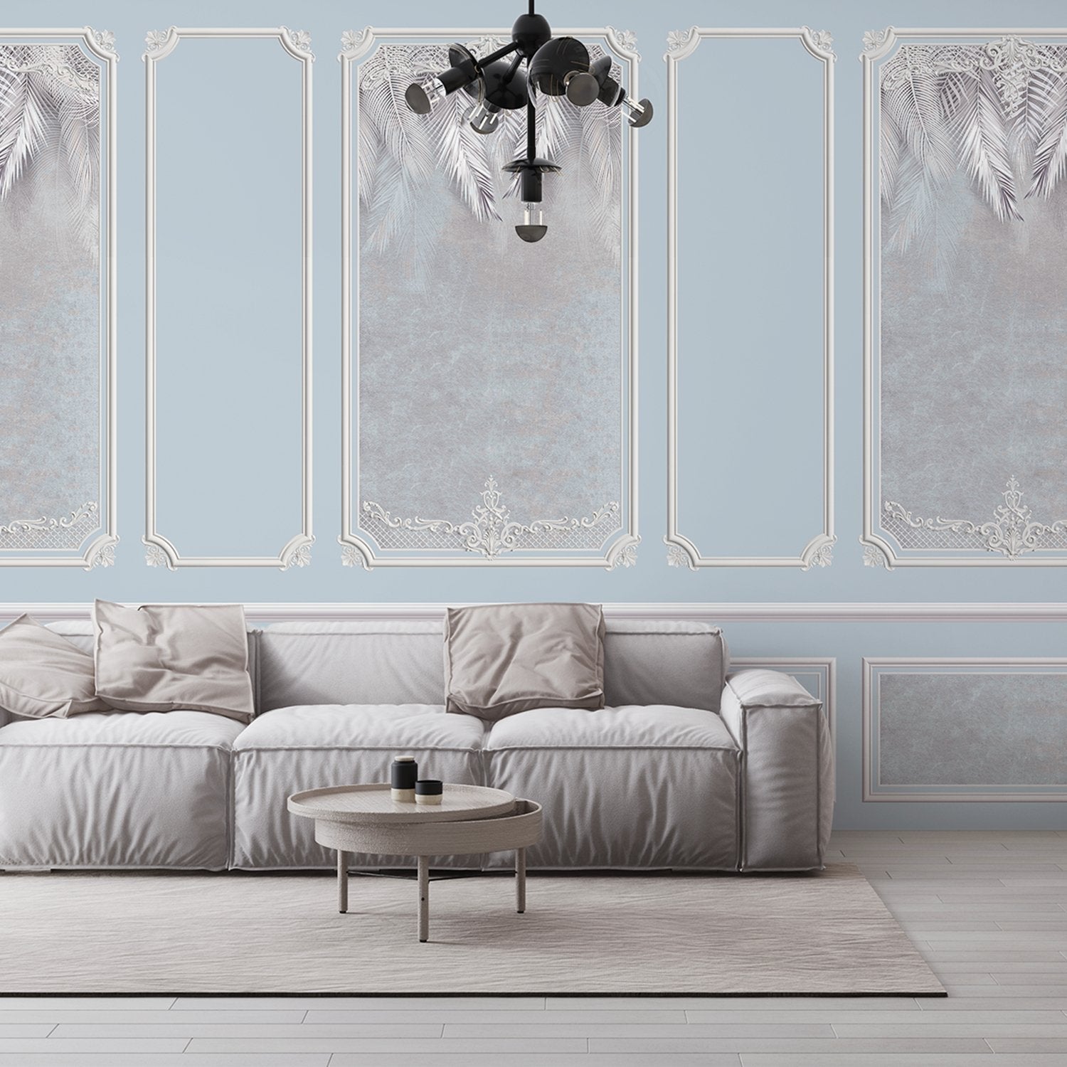 Elegant sage green wall panels with ornate moldings and delicate palm leaf details - view 21 - final