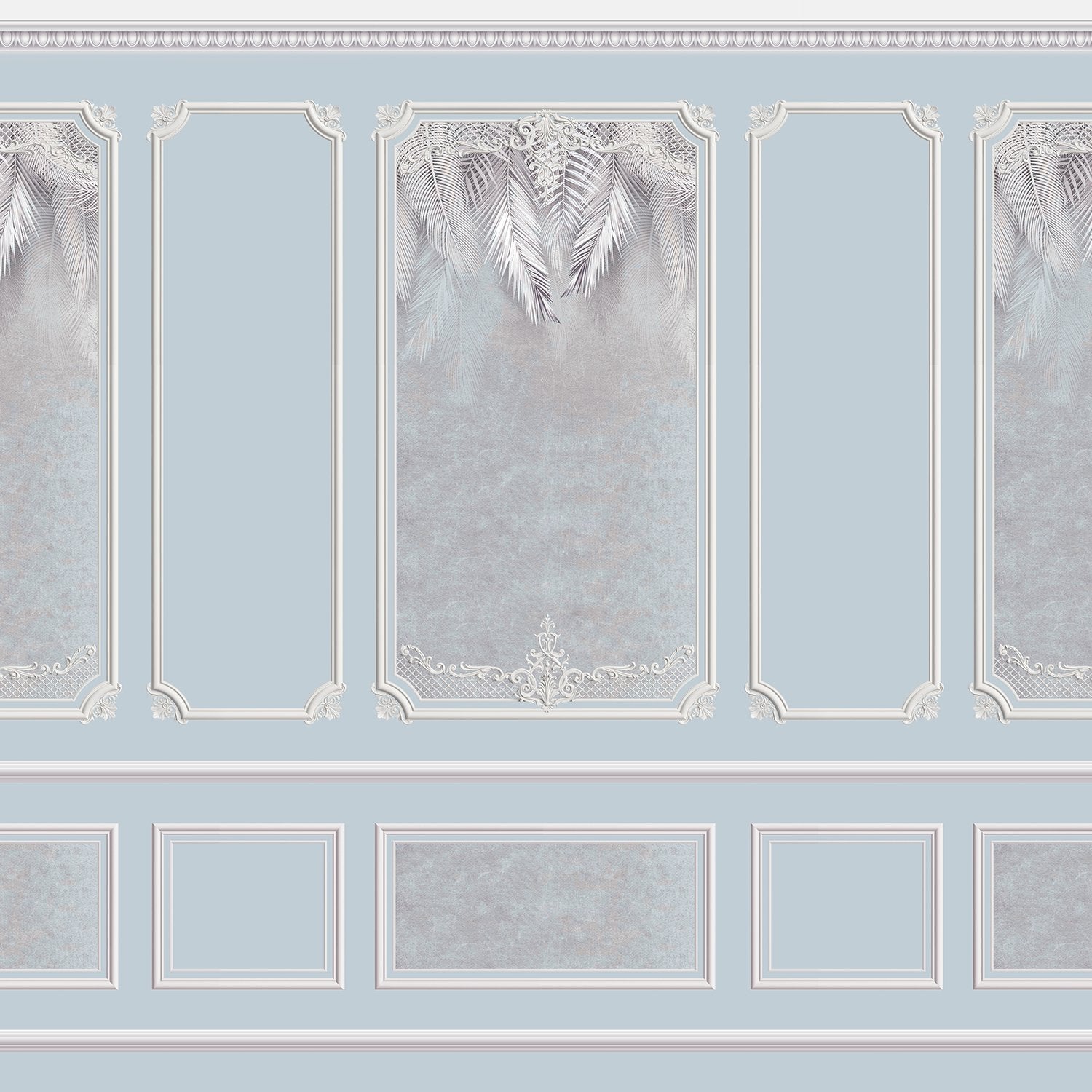 Elegant sage green wall panels with ornate moldings and delicate palm leaf details - view 22 - final