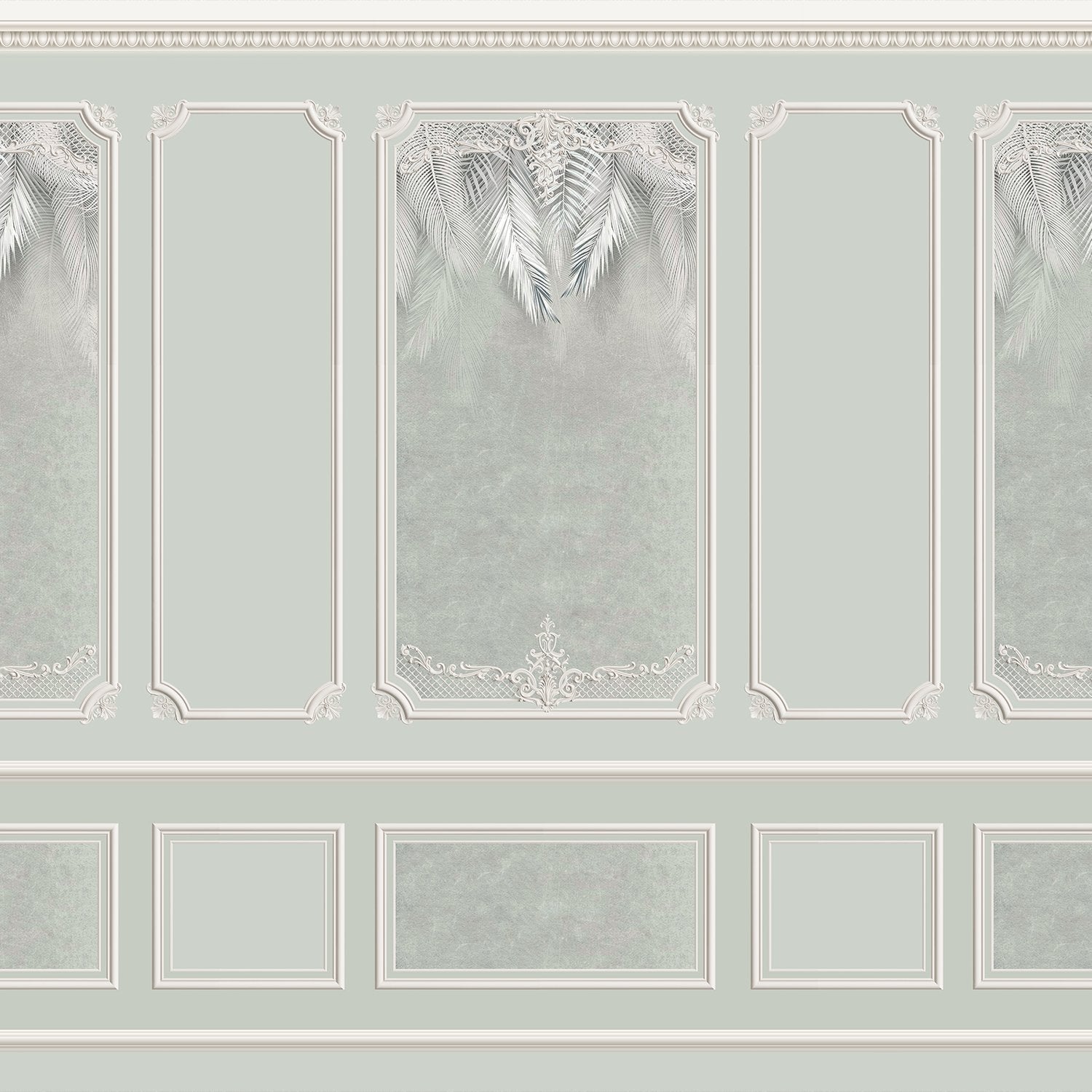 Elegant sage green wall panels with ornate moldings and delicate palm leaf details - view 3 - final