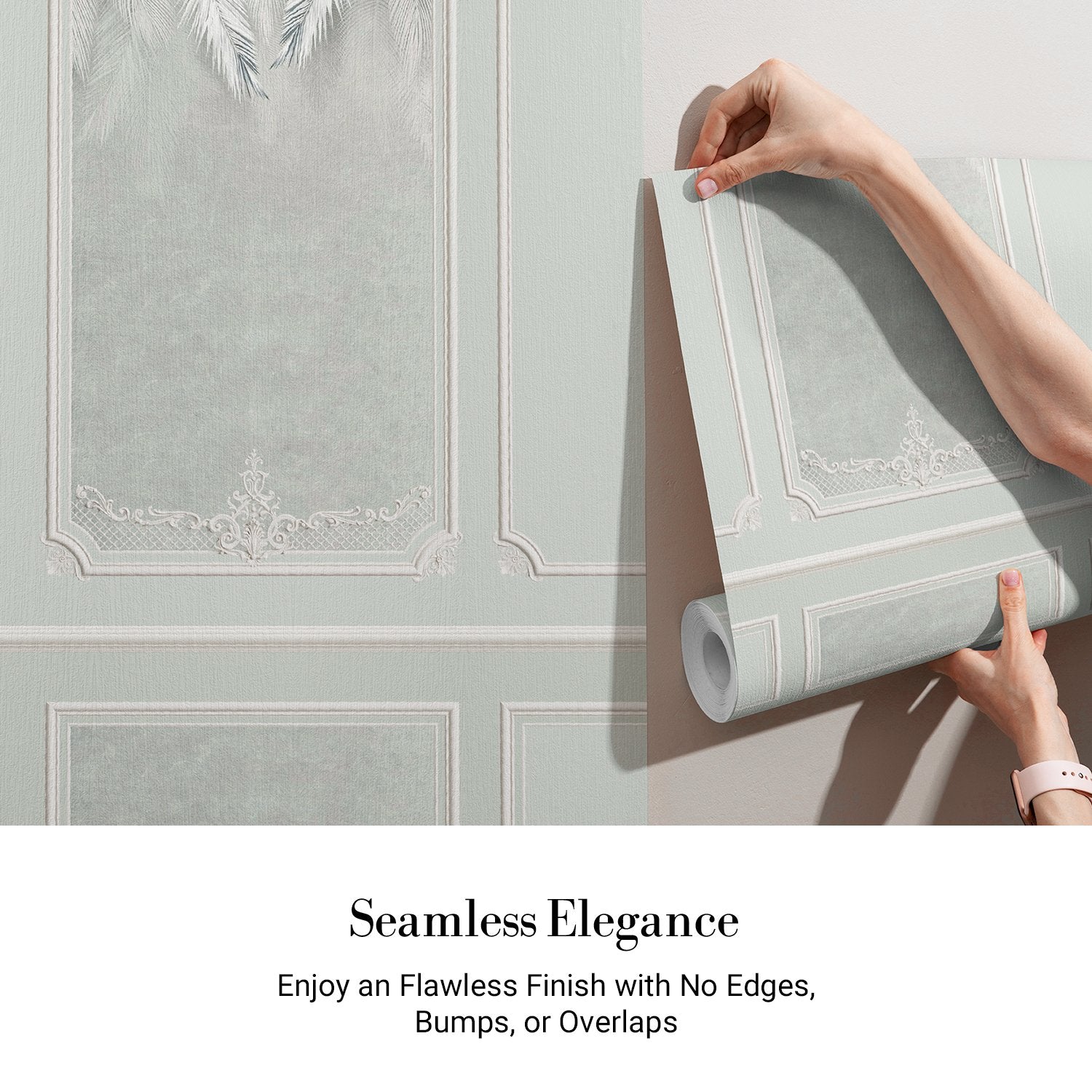 Elegant sage green wall panels with ornate moldings and delicate palm leaf details - view 4 - final