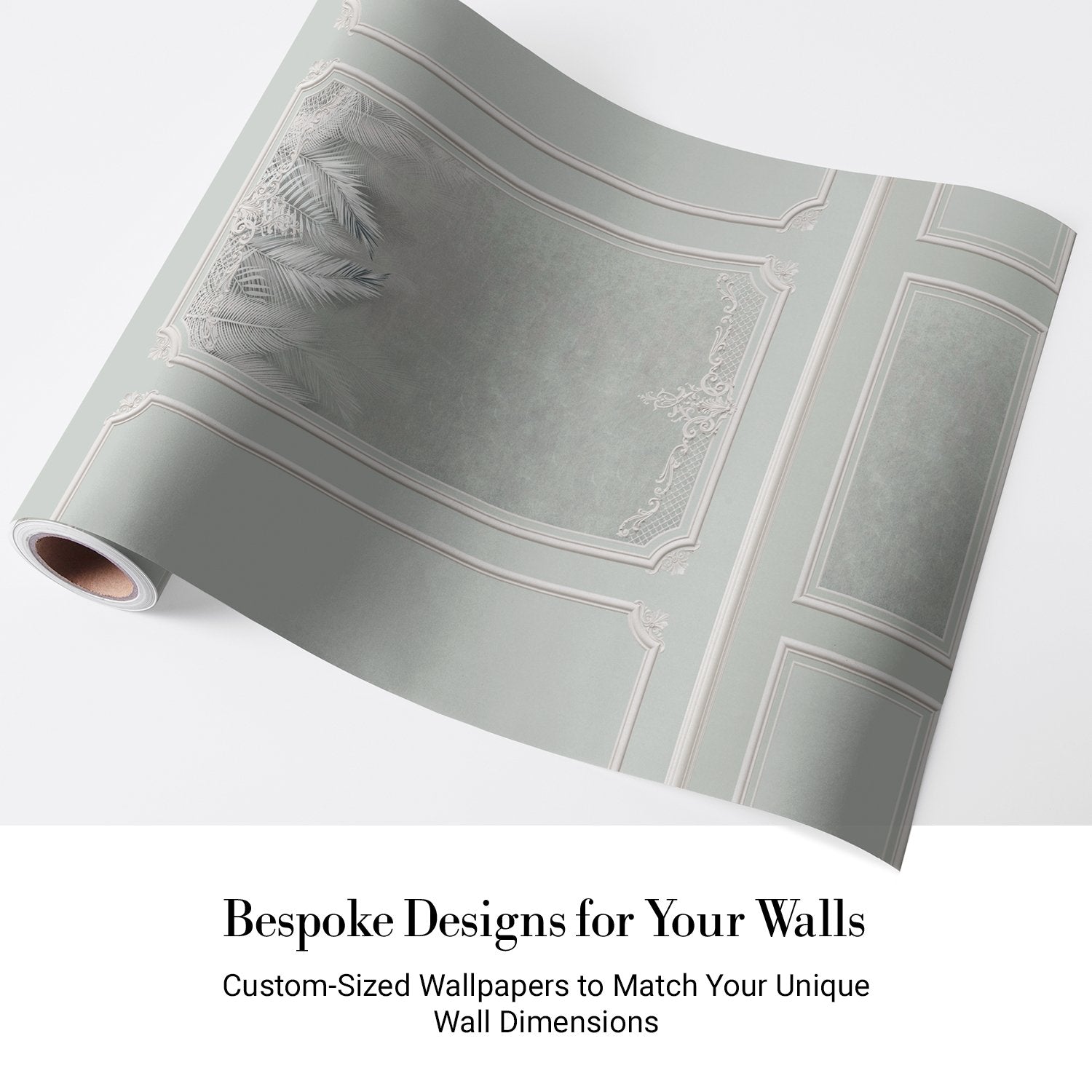 Elegant sage green wall panels with ornate moldings and delicate palm leaf details - view 5 - final