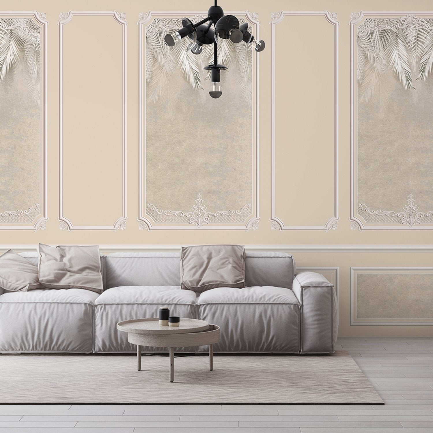 Elegant sage green wall panels with ornate moldings and delicate palm leaf details - view 8 - final