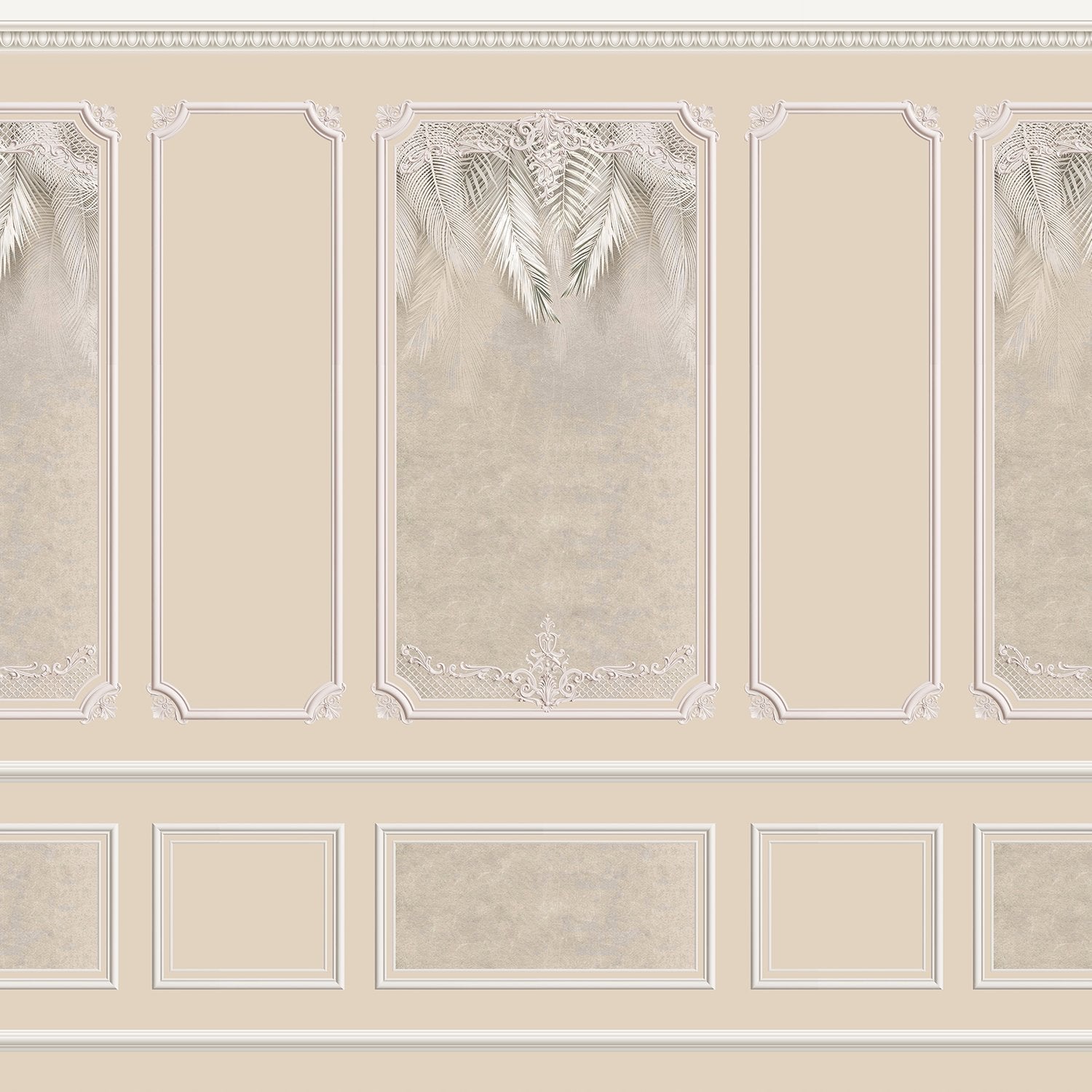 Elegant sage green wall panels with ornate moldings and delicate palm leaf details - view 9 - final
