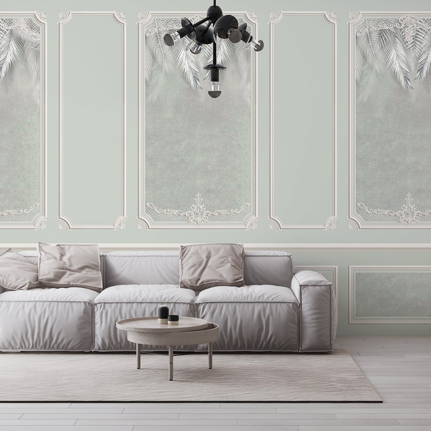 Elegant sage green wall panels with ornate moldings and delicate palm leaf details - final living-room