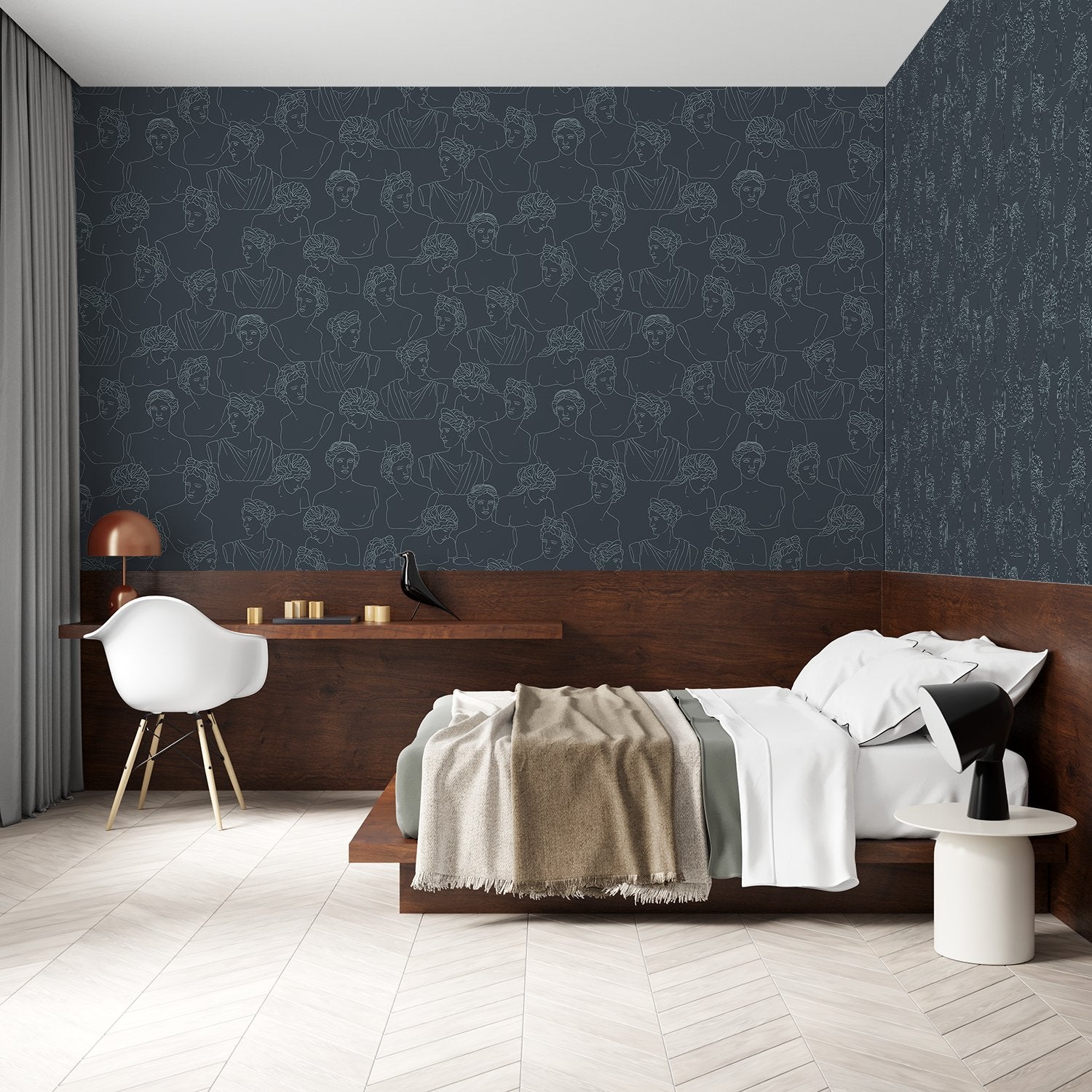 Modern minimalist continuous line drawings create repeating portrait motifs in monochrome gray style - view 11 - final bed-room