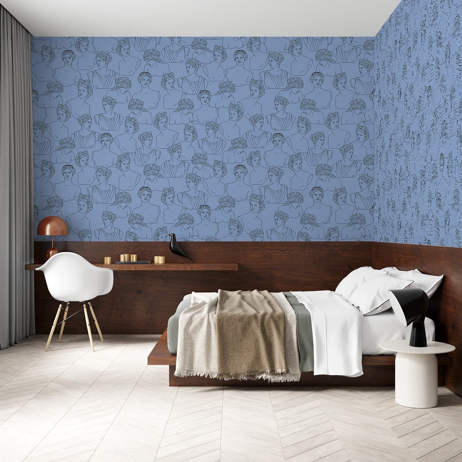 Modern minimalist continuous line drawings create repeating portrait motifs in monochrome gray style - view 15 - final bed-room