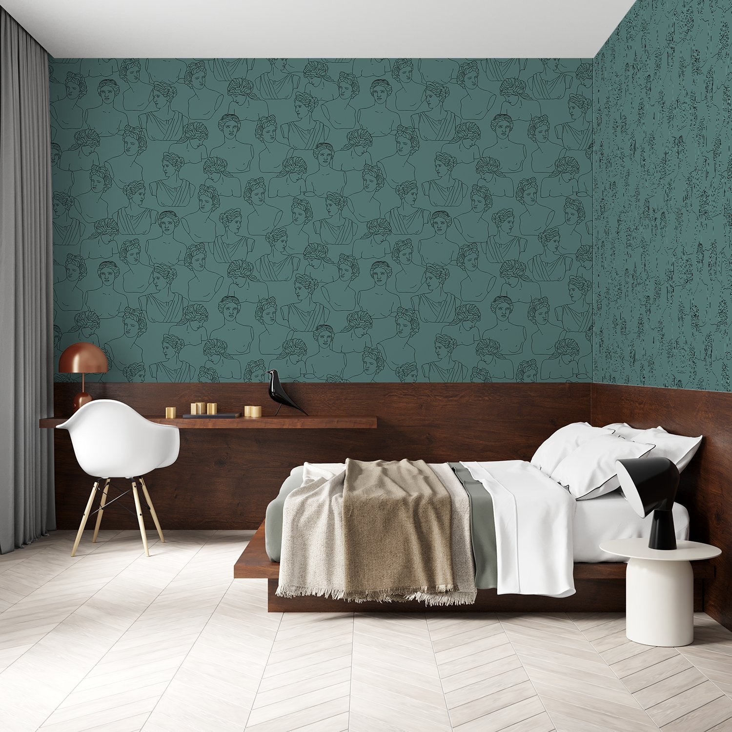 Modern minimalist continuous line drawings create repeating portrait motifs in monochrome gray style - view 19 - final bed-room