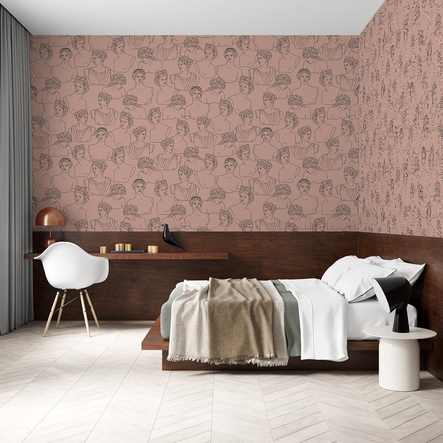 Modern minimalist continuous line drawings create repeating portrait motifs in monochrome gray style - view 7 - final bed-room