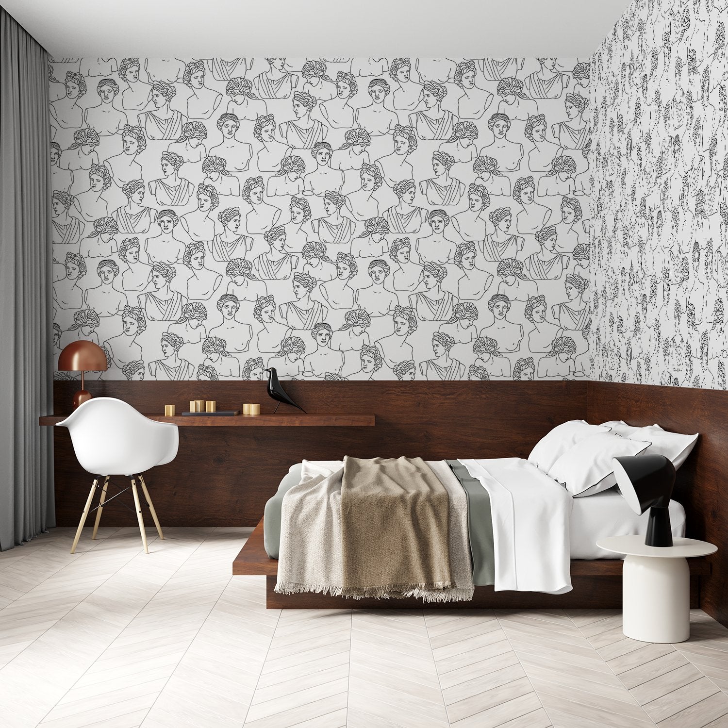 Modern minimalist continuous line drawings create repeating portrait motifs in monochrome gray style - final bed-room