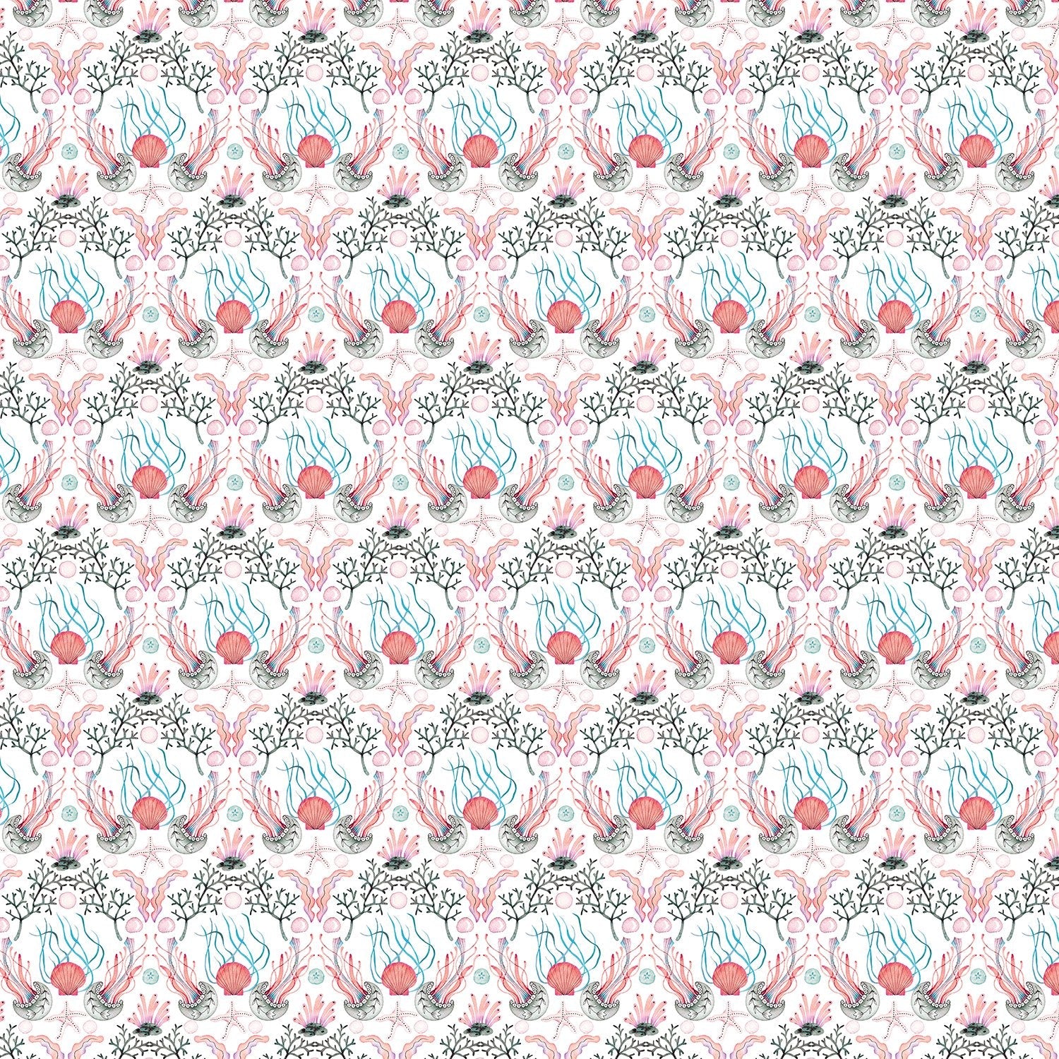 Repeating damask pattern with coral branches and delicate botanical elements in peach and gray - view 10 - final